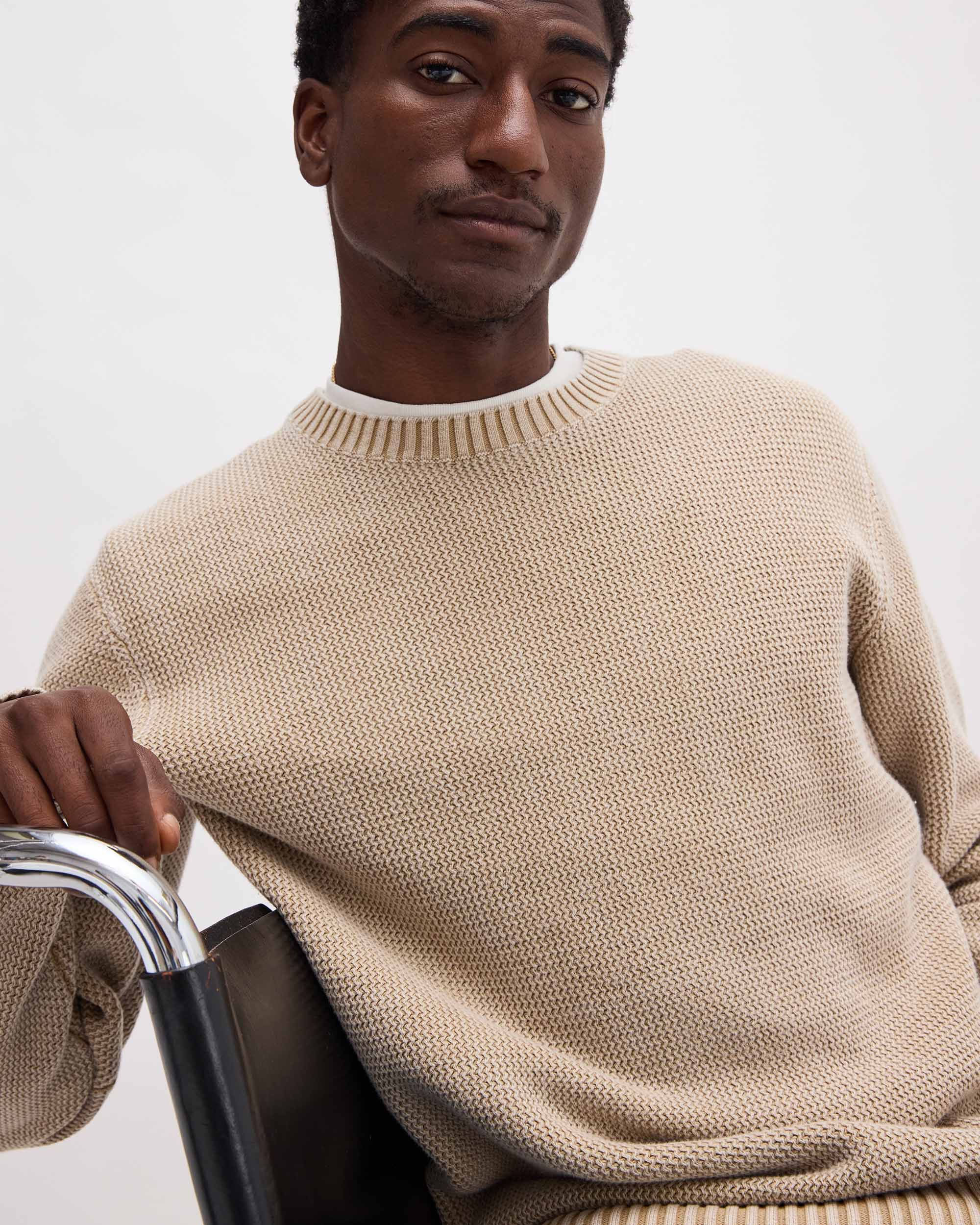 Mens Dune Open Knit Sweater - Cotton Sweater Knit - Khaki - Image 2