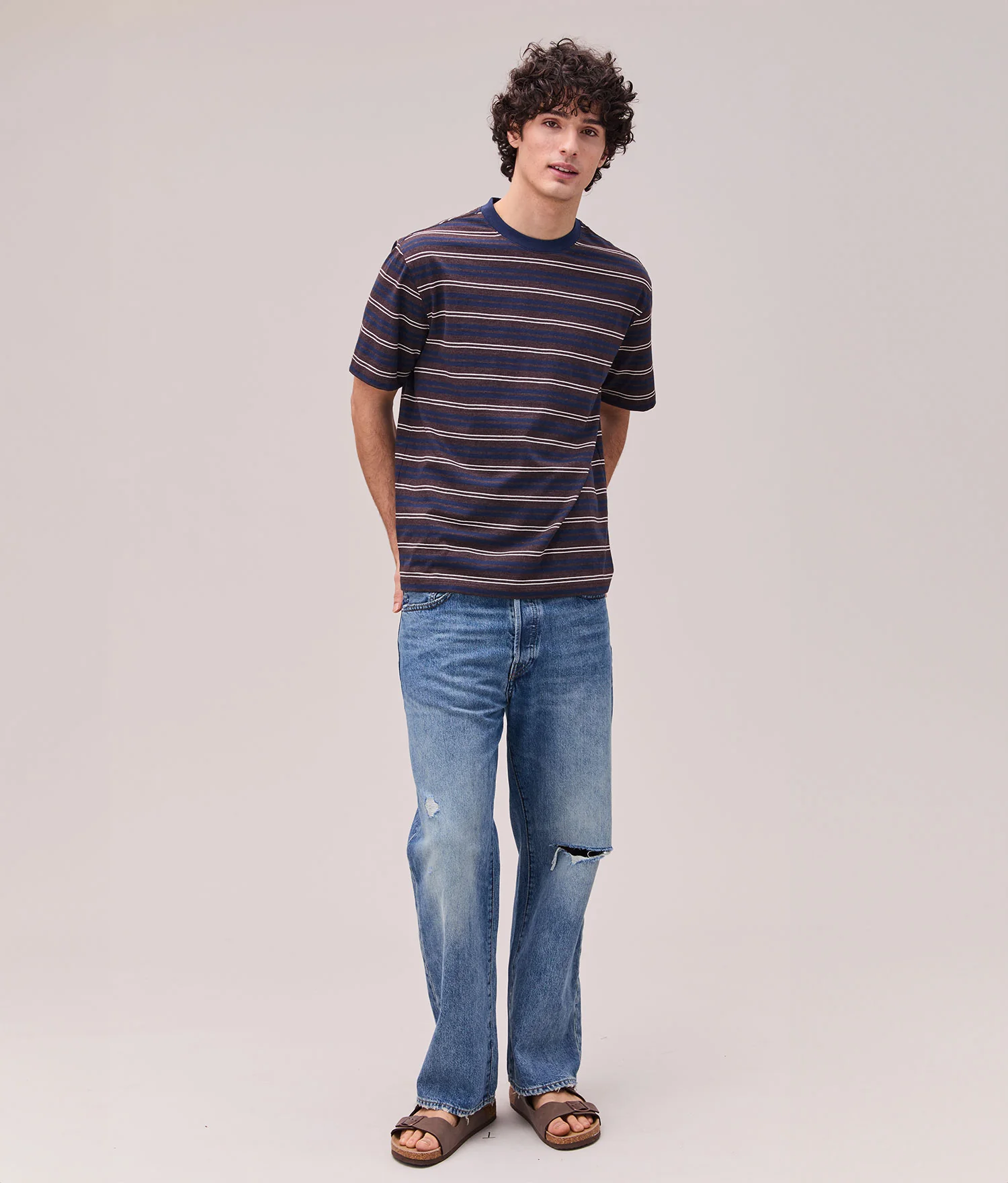 Mens Recycled Stripe Tee - Recycled Jersey - Brown Navy Stripe - Image 2
