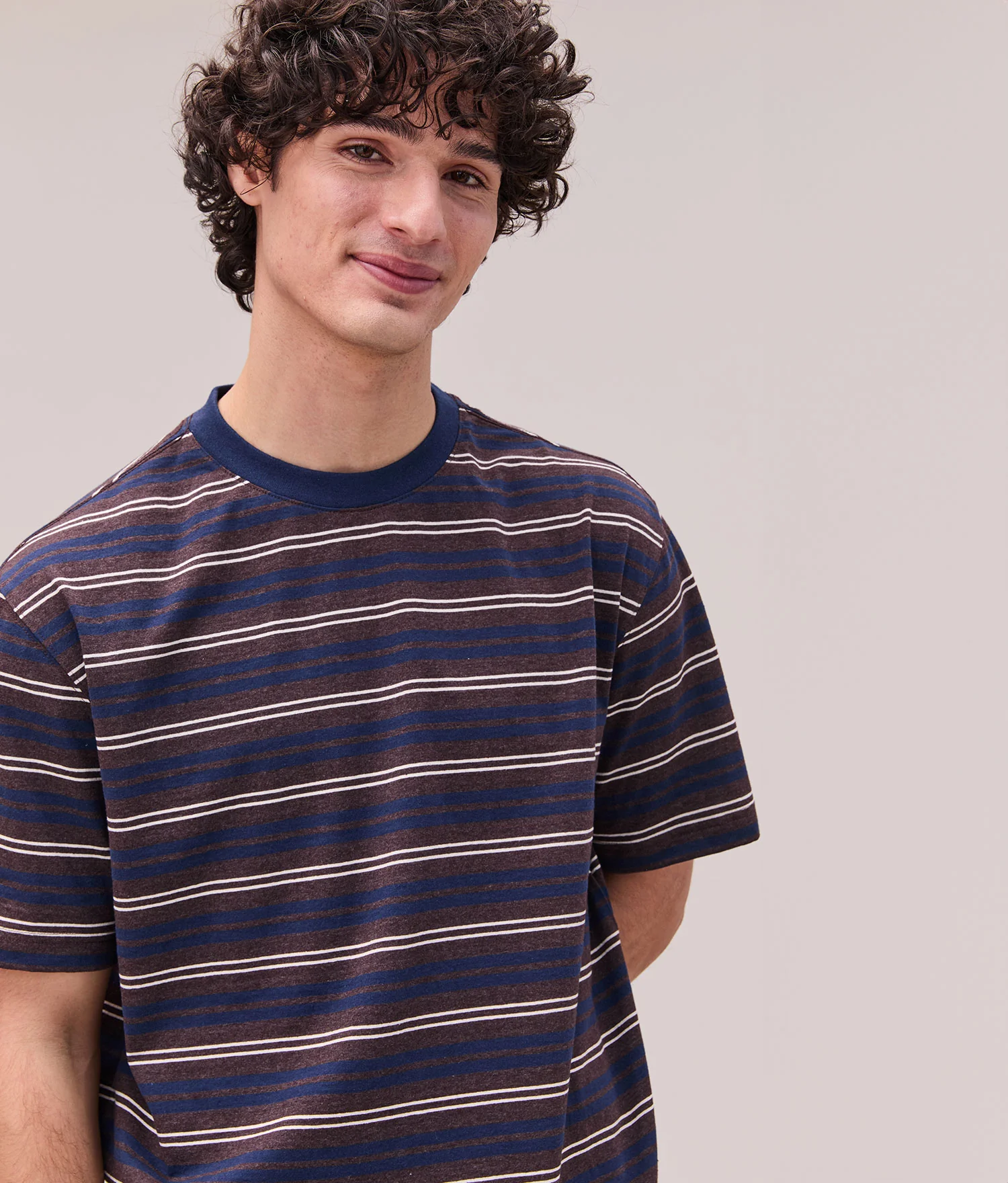 Mens Recycled Stripe Tee - Recycled Jersey - Brown Navy Stripe - Image 4