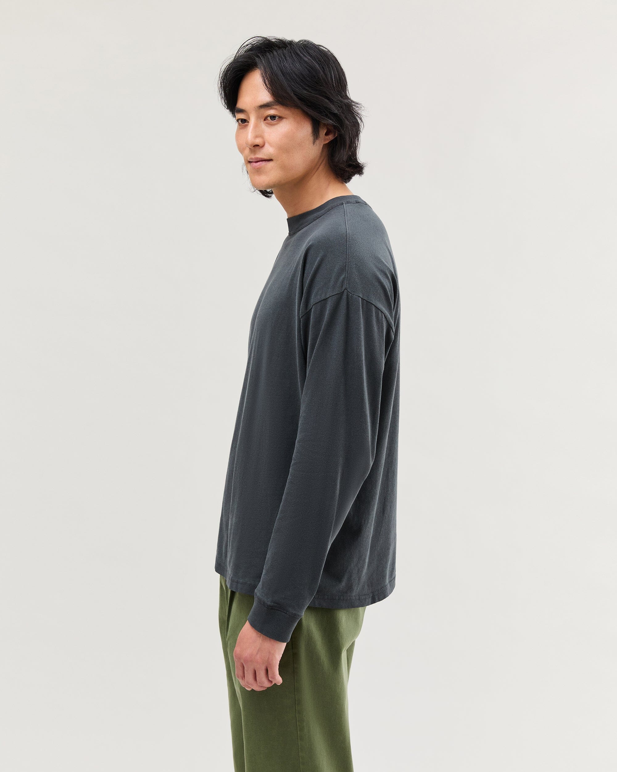Mens Relaxed Long Sleeve Tee - Pigment Dye Jersey - Stretch Limo - Image 3