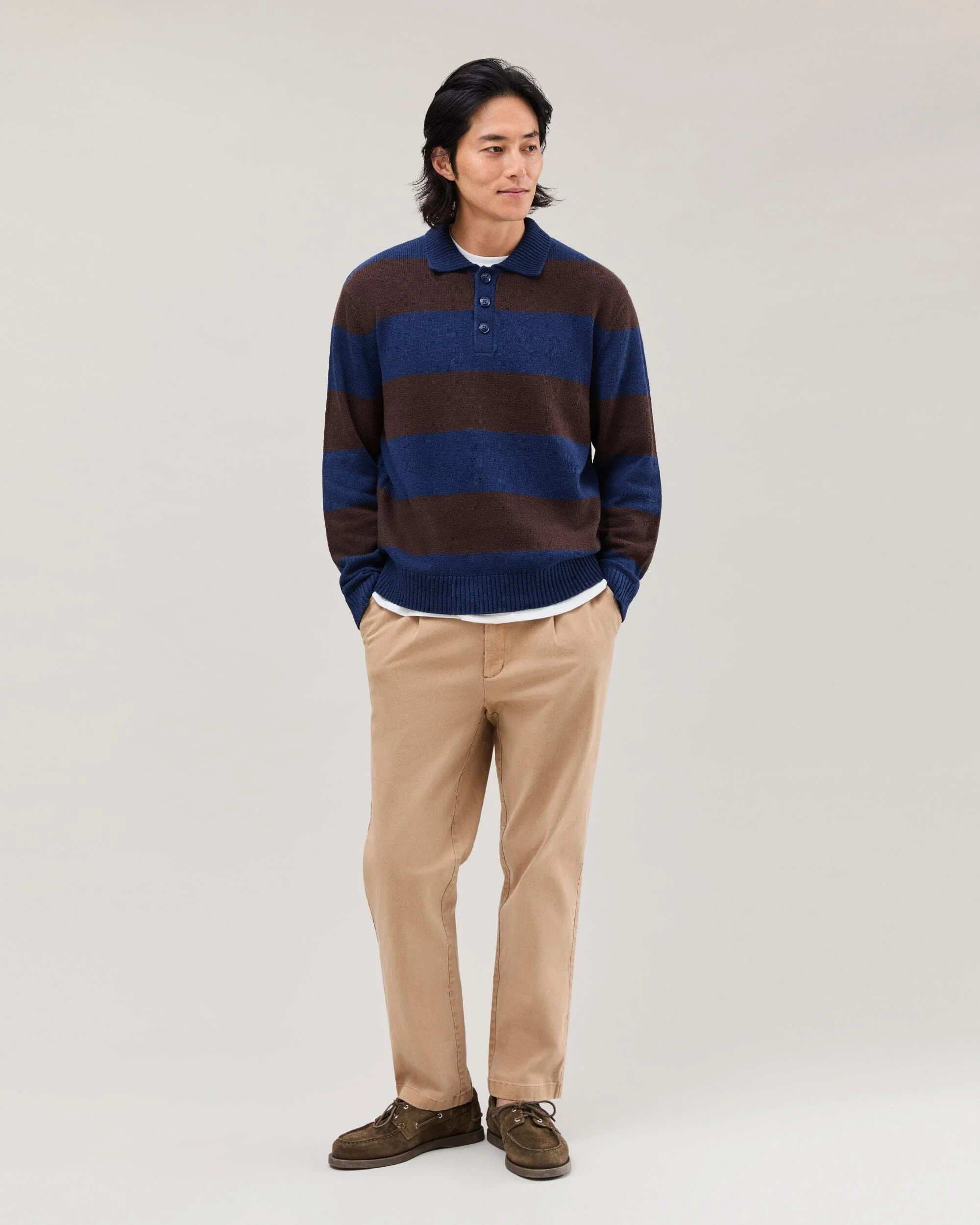 Mens Seth Rugby Sweater - Cotton Sweater Knit - Navy/Brown Stripe - Image 2