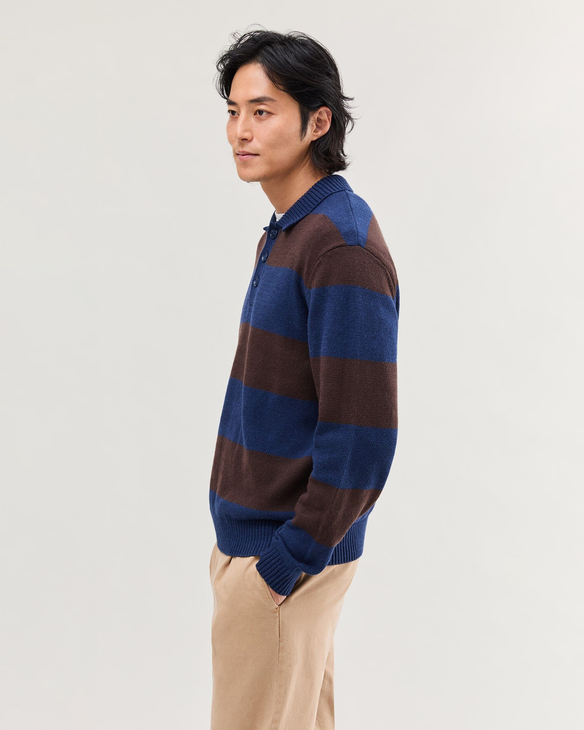 Mens Seth Rugby Sweater - Cotton Sweater Knit - Navy/Brown Stripe - Image 3