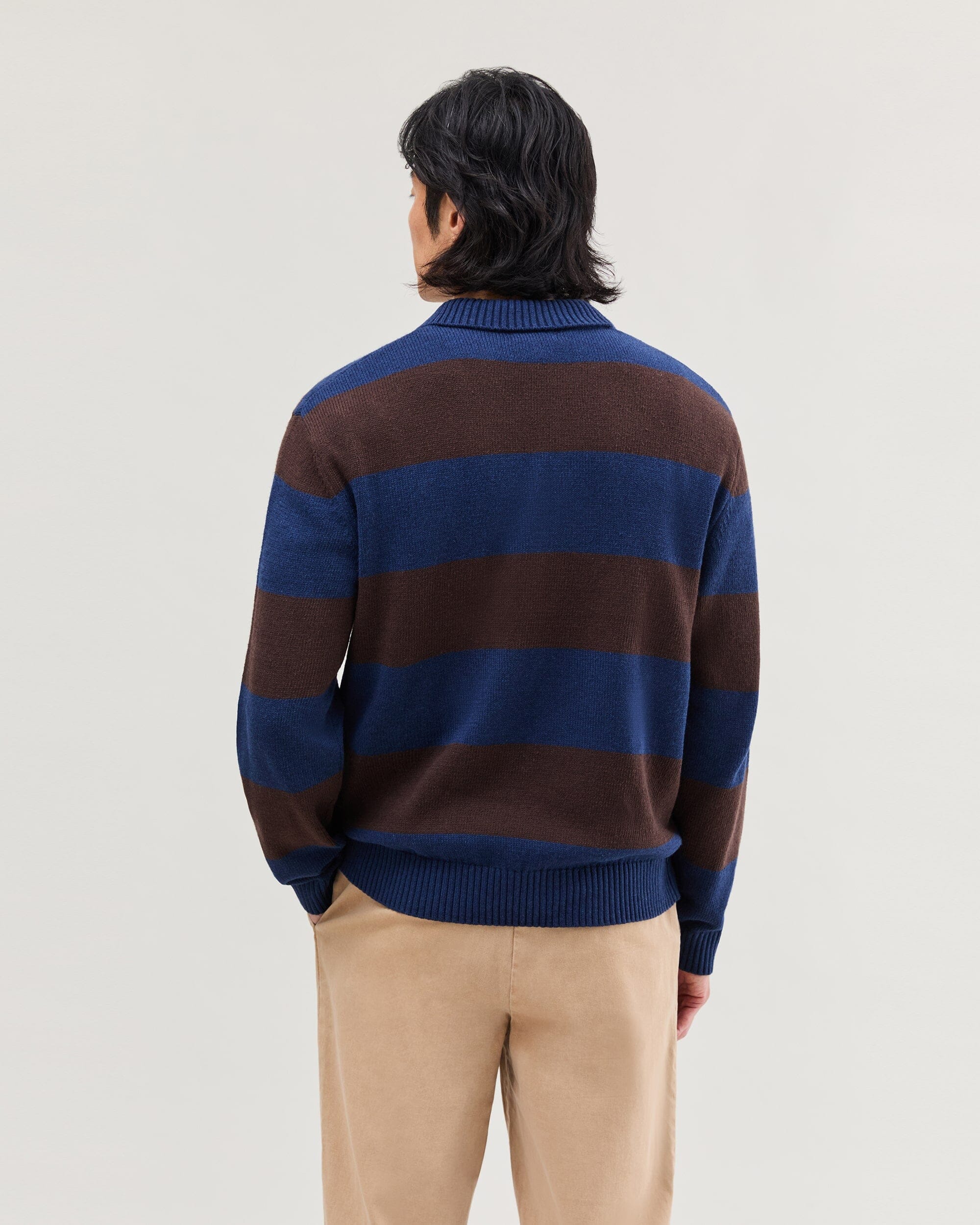 Mens Seth Rugby Sweater - Cotton Sweater Knit - Navy/Brown Stripe - Image 4