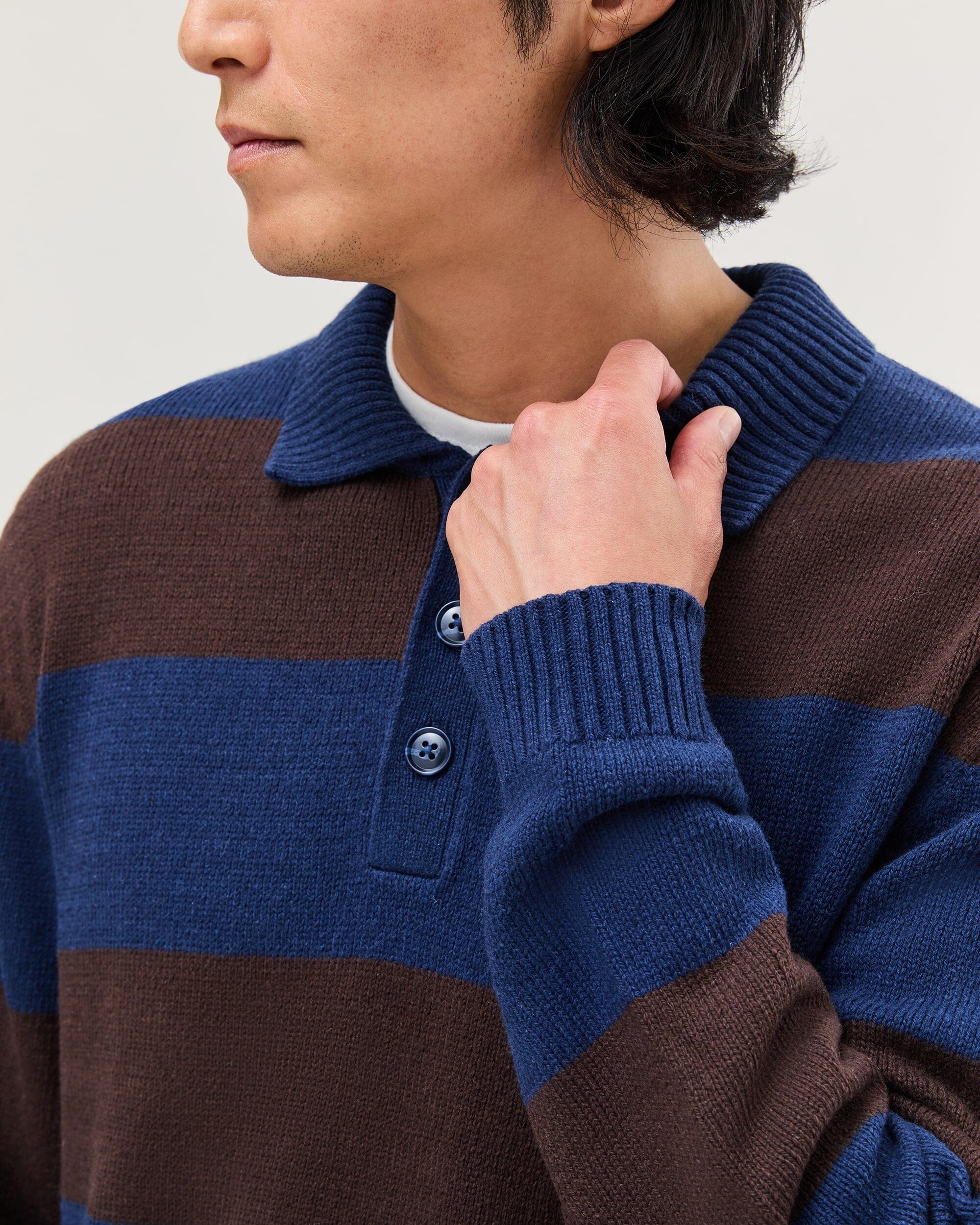 Mens Seth Rugby Sweater - Cotton Sweater Knit - Navy/Brown Stripe - Image 5