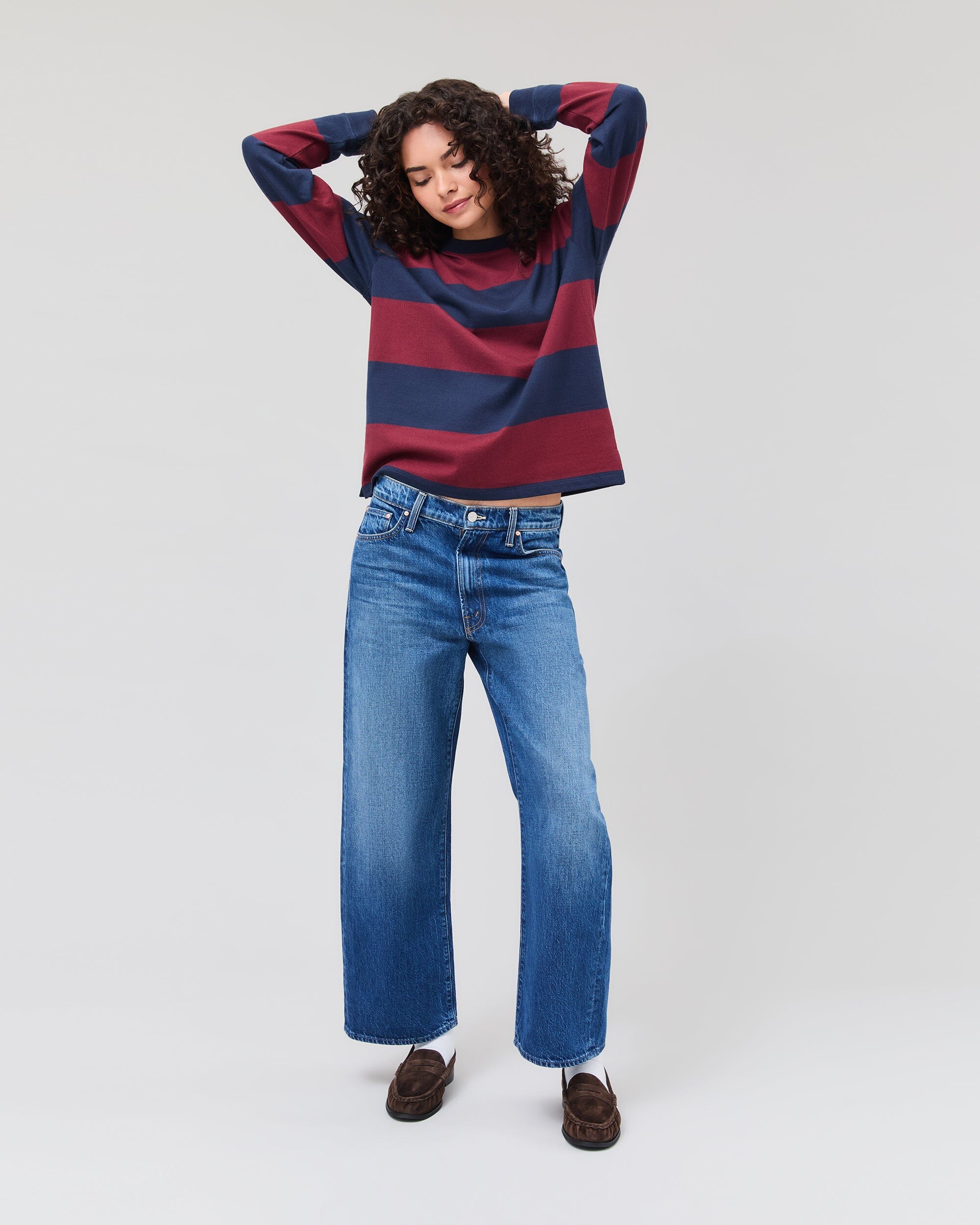 Womens Heavy Pima Rugby Pullover - Pima Cotton Jersey - Maroon/Navy Stripe - Image 2