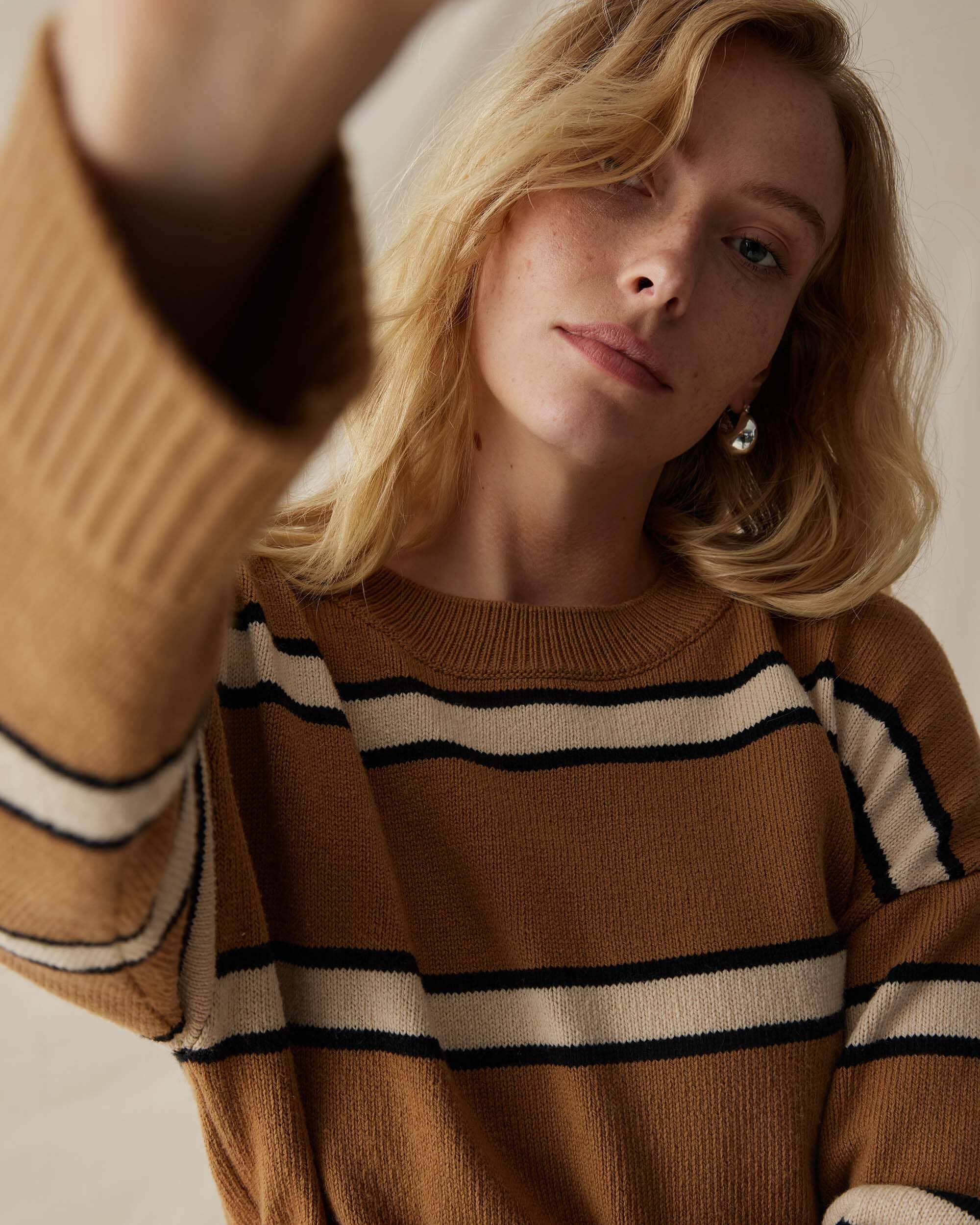 Womens Felicity Lightweight Sweater - Cotton Sweater Knit - Khaki Stripe - Image 4