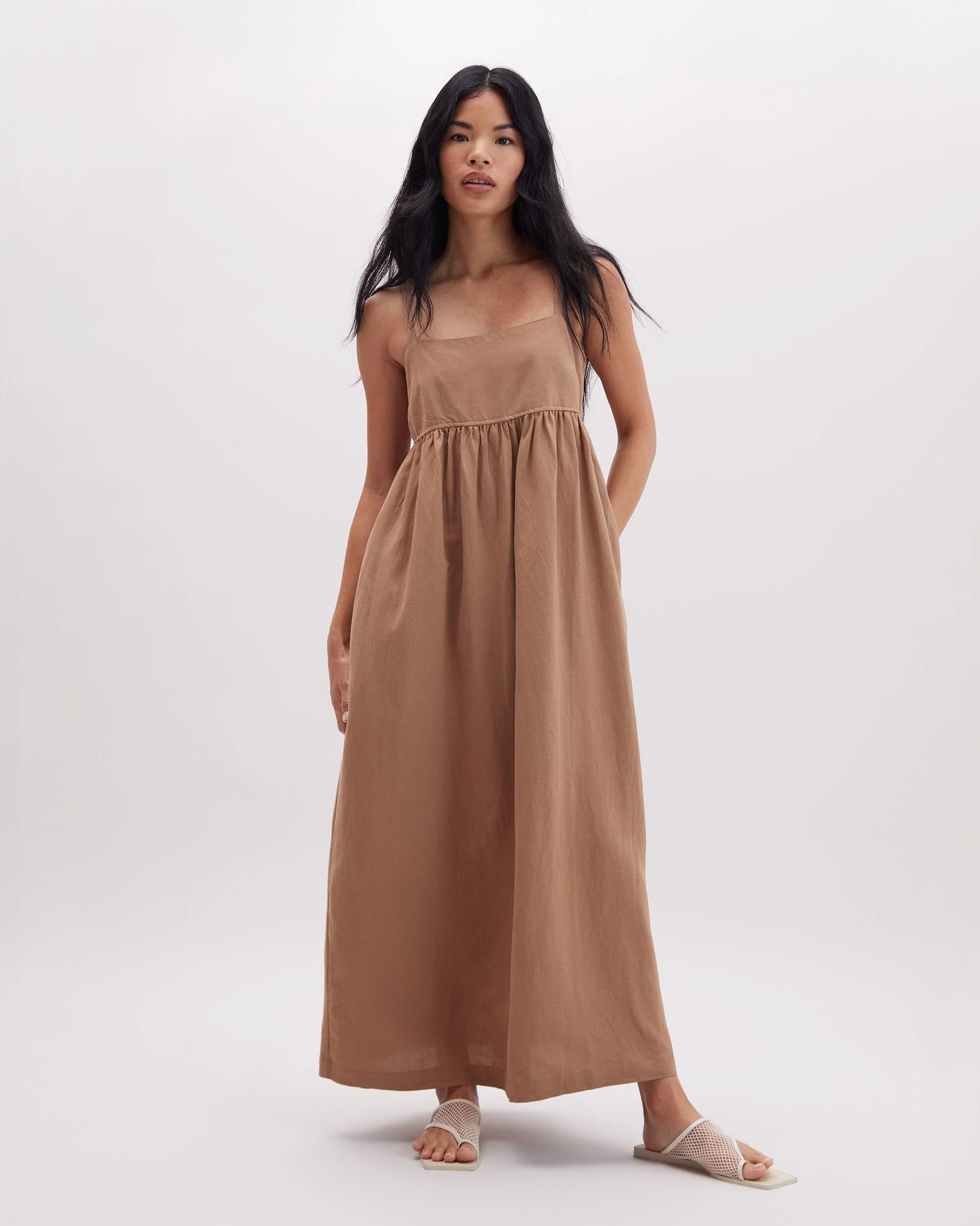 Womens Linen Maxi Dress - Rayon Linen Woven - Cafe Au Lait