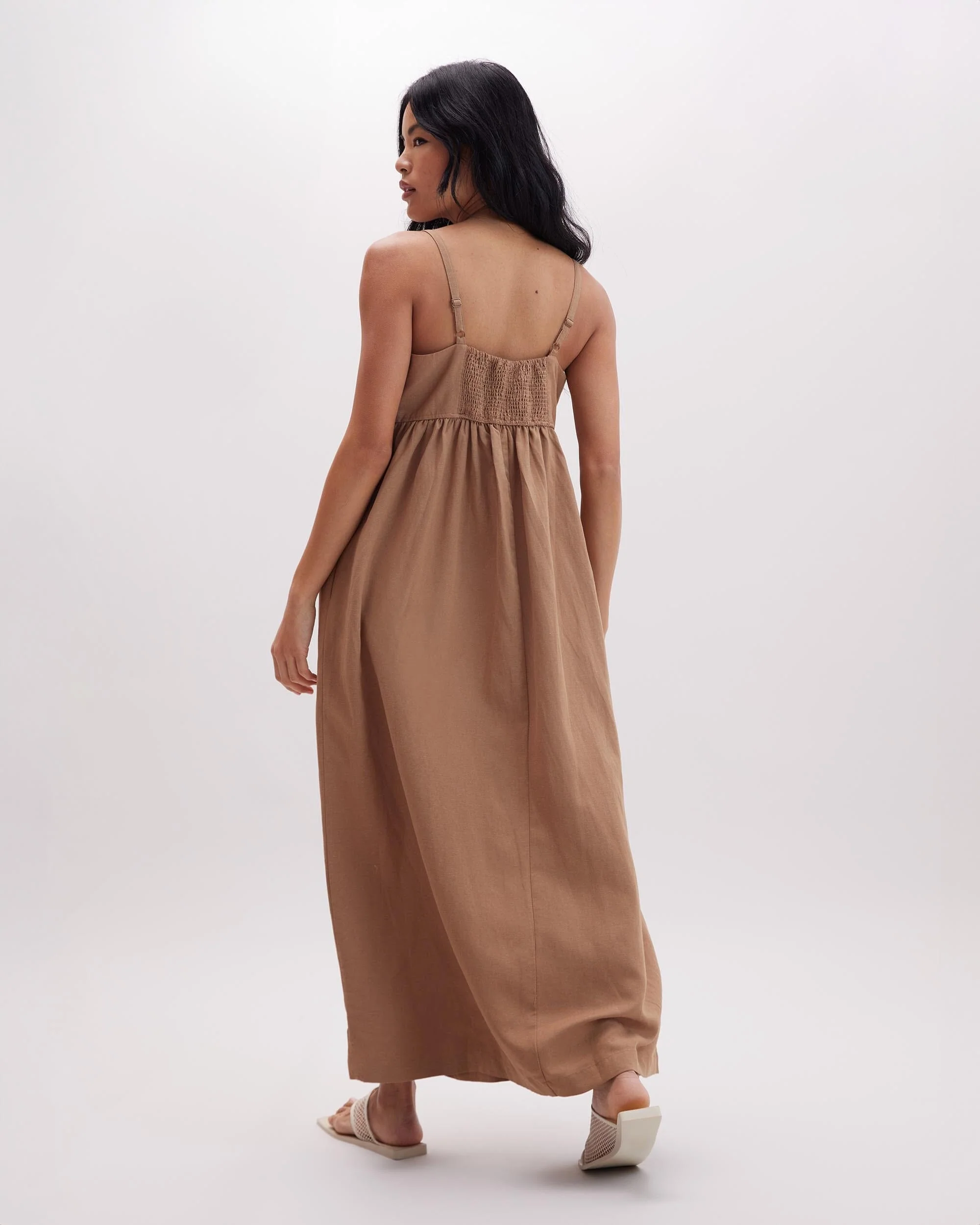 Womens Linen Maxi Dress - Rayon Linen Woven - Cafe Au Lait - Image 2