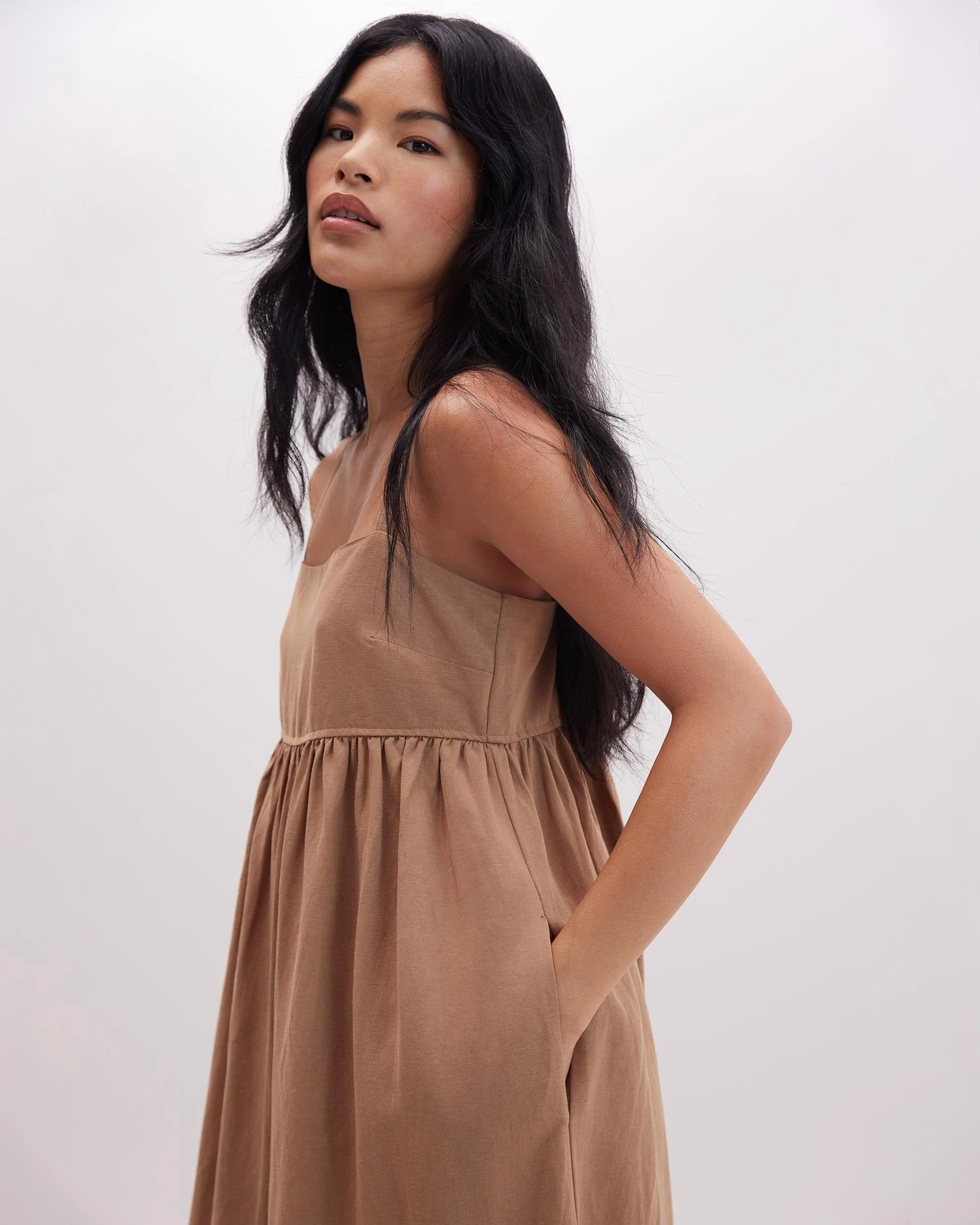 Womens Linen Maxi Dress - Rayon Linen Woven - Cafe Au Lait - Image 3