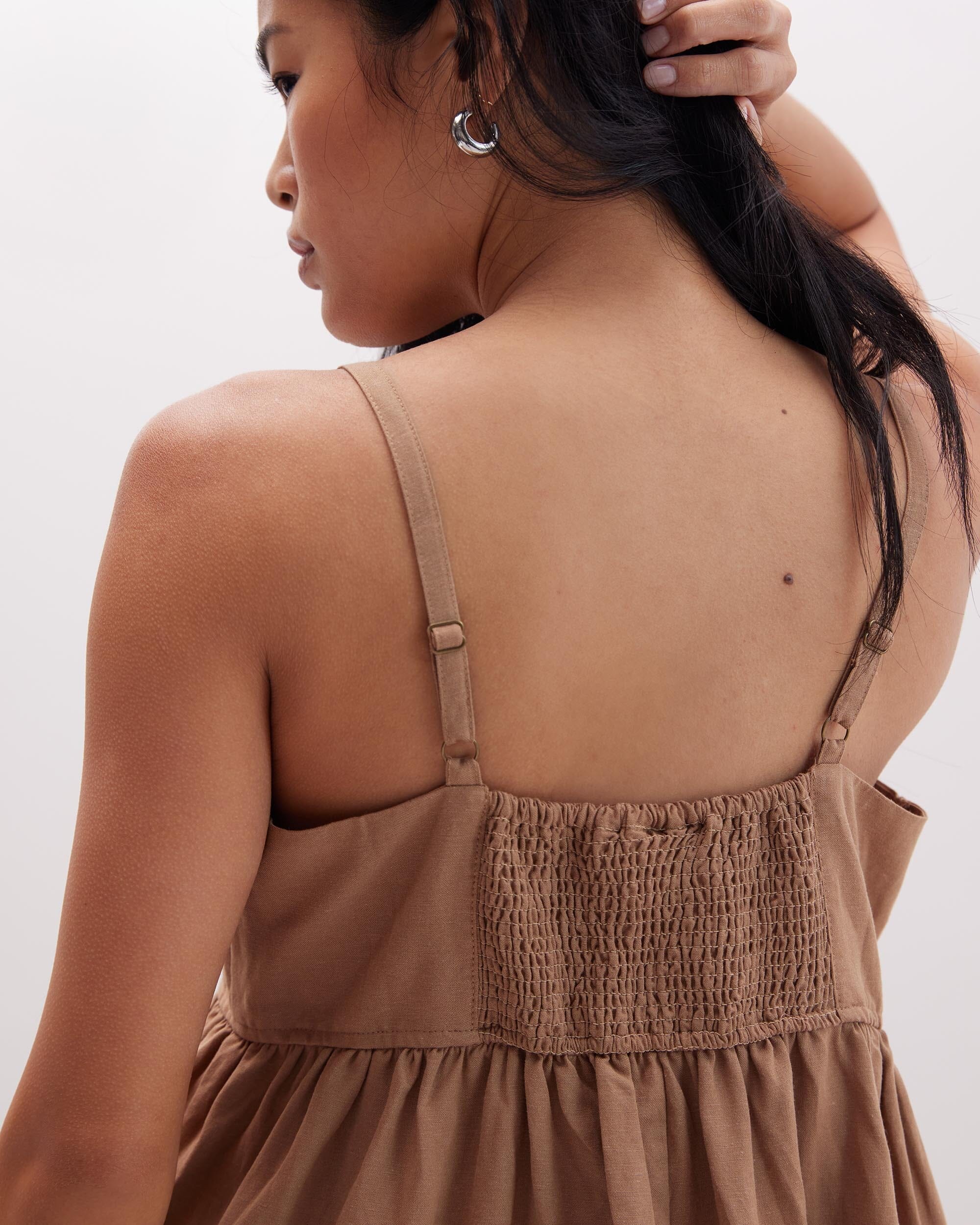 Womens Linen Maxi Dress - Rayon Linen Woven - Cafe Au Lait - Image 4
