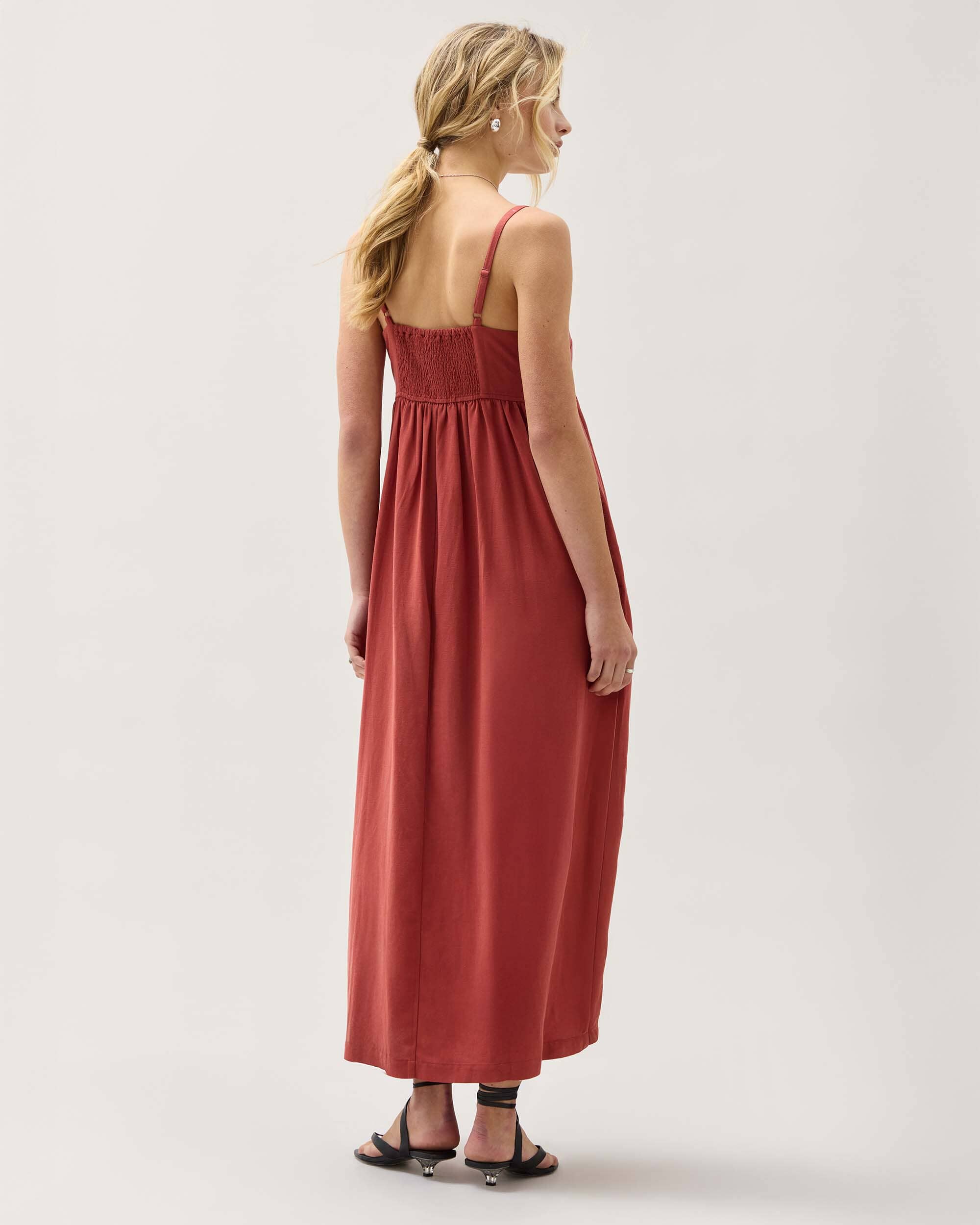 Womens Linen Maxi Dress - Rayon Linen Woven - Marsala - Image 3
