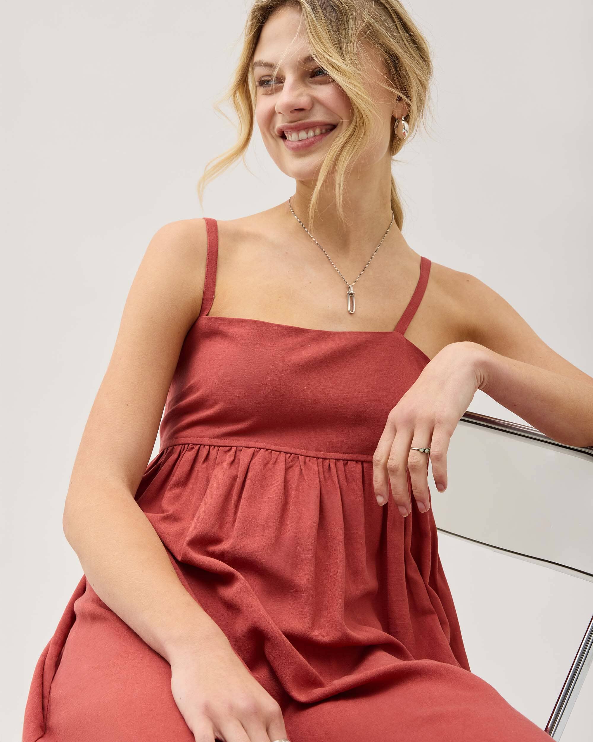Womens Linen Maxi Dress - Rayon Linen Woven - Marsala - Image 6