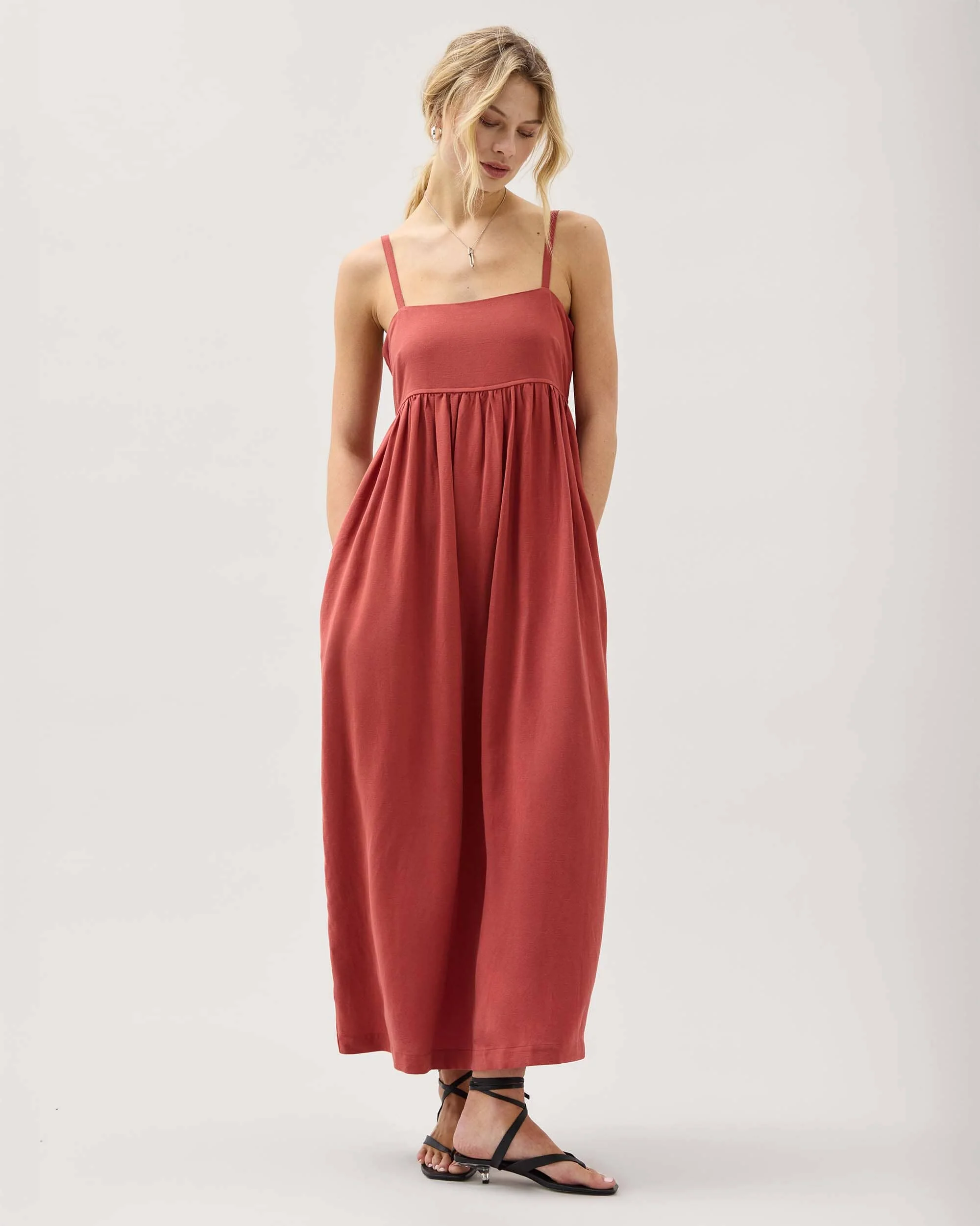Womens Linen Maxi Dress - Rayon Linen Woven - Marsala - Image 7