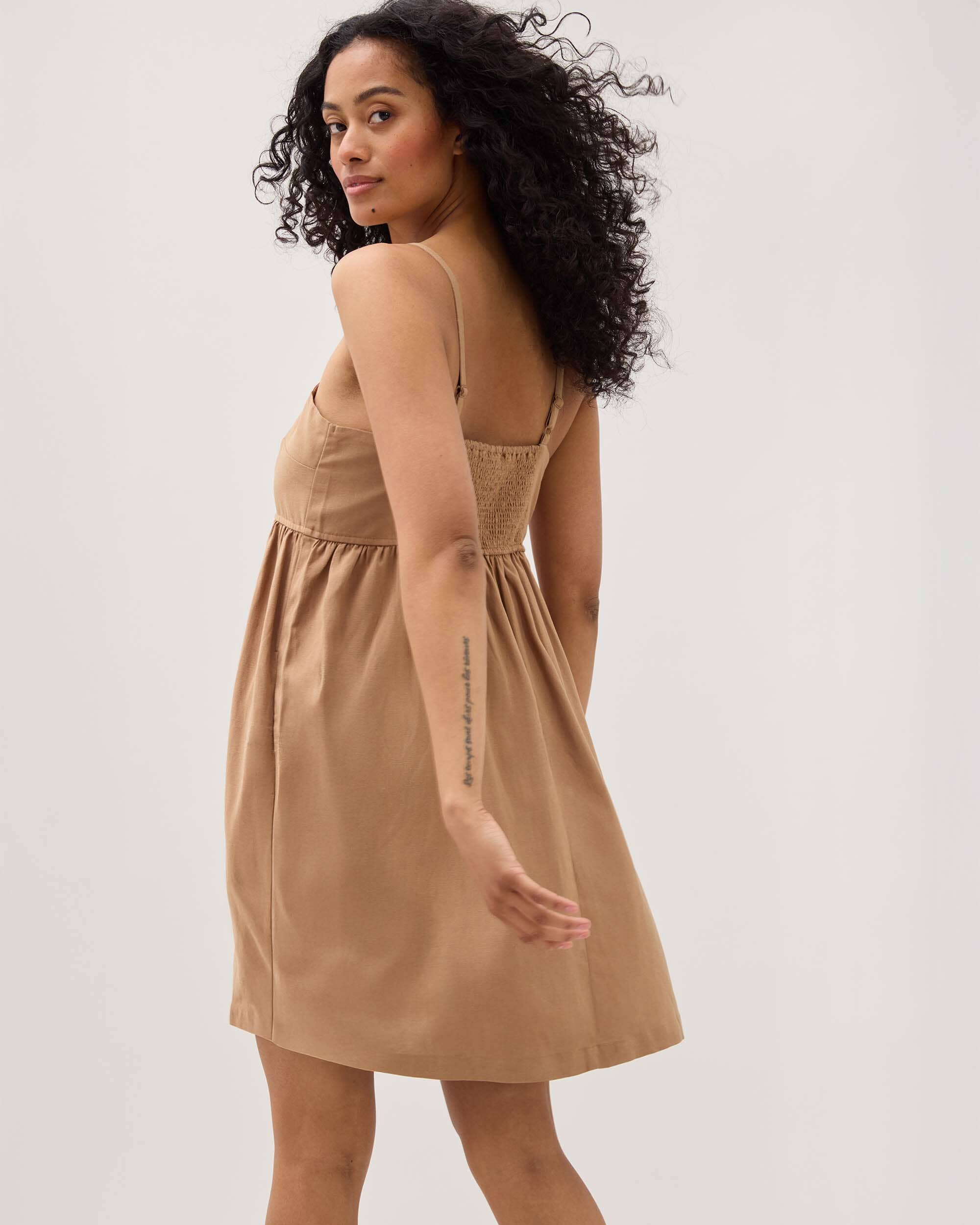 Womens Linen Mini Dress - Rayon Linen Woven - Cafe Au Lait - Image 2
