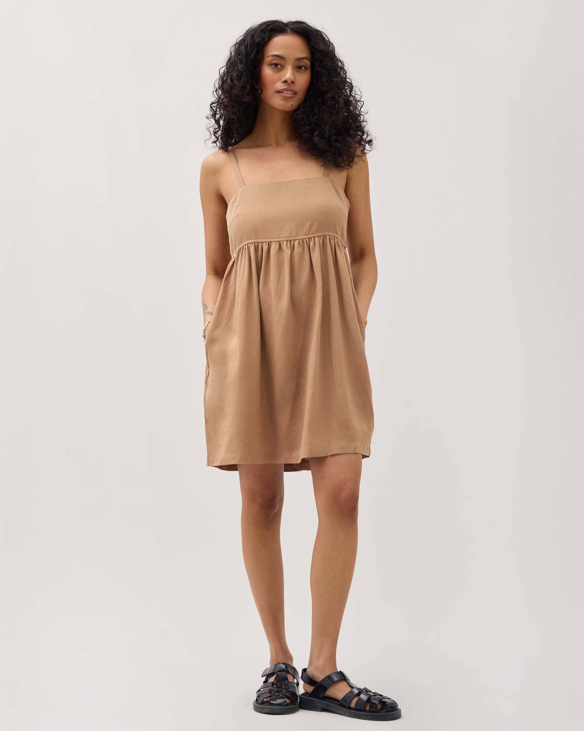 Womens Linen Mini Dress - Rayon Linen Woven - Cafe Au Lait - Image 3