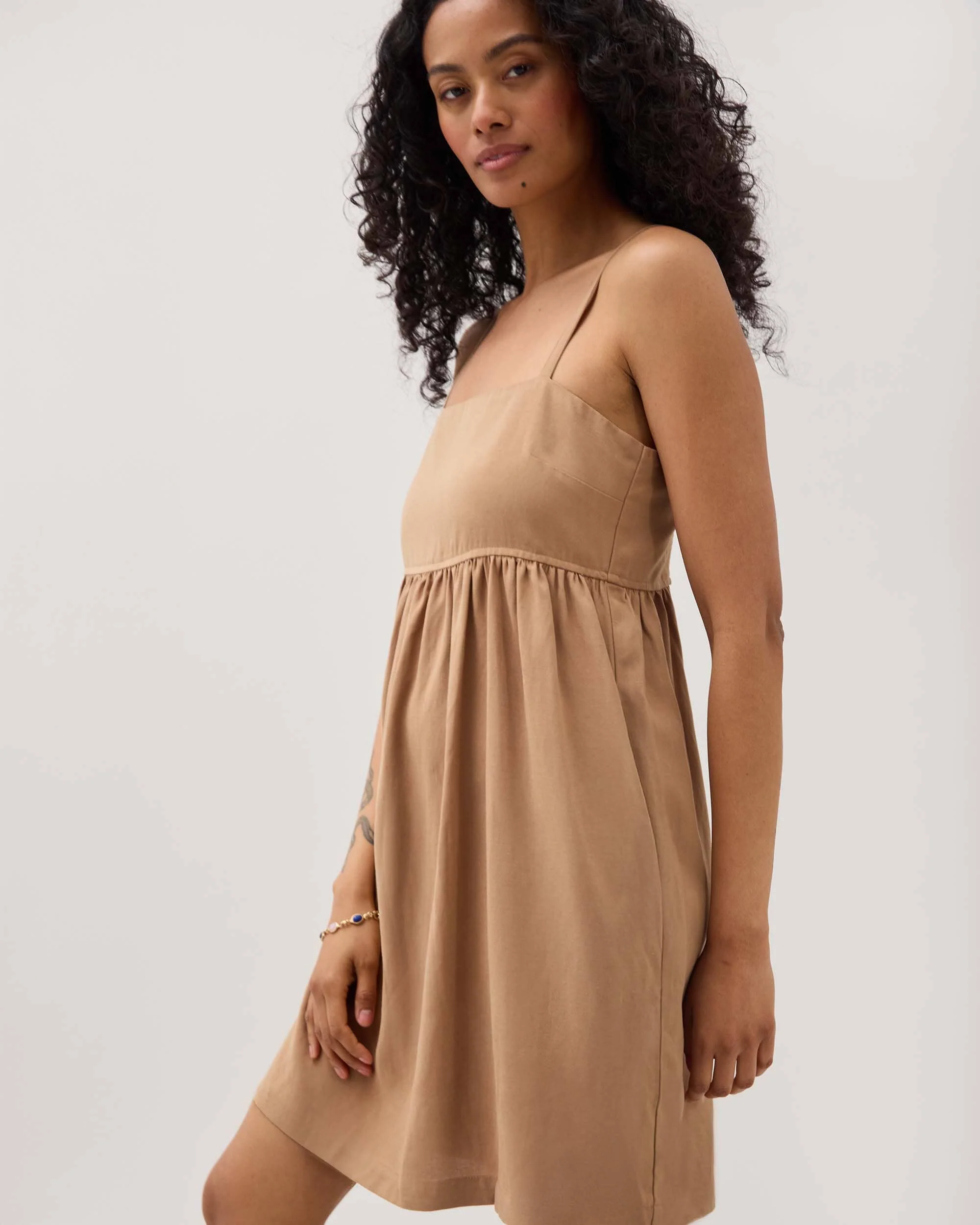 Womens Linen Mini Dress - Rayon Linen Woven - Cafe Au Lait - Image 4