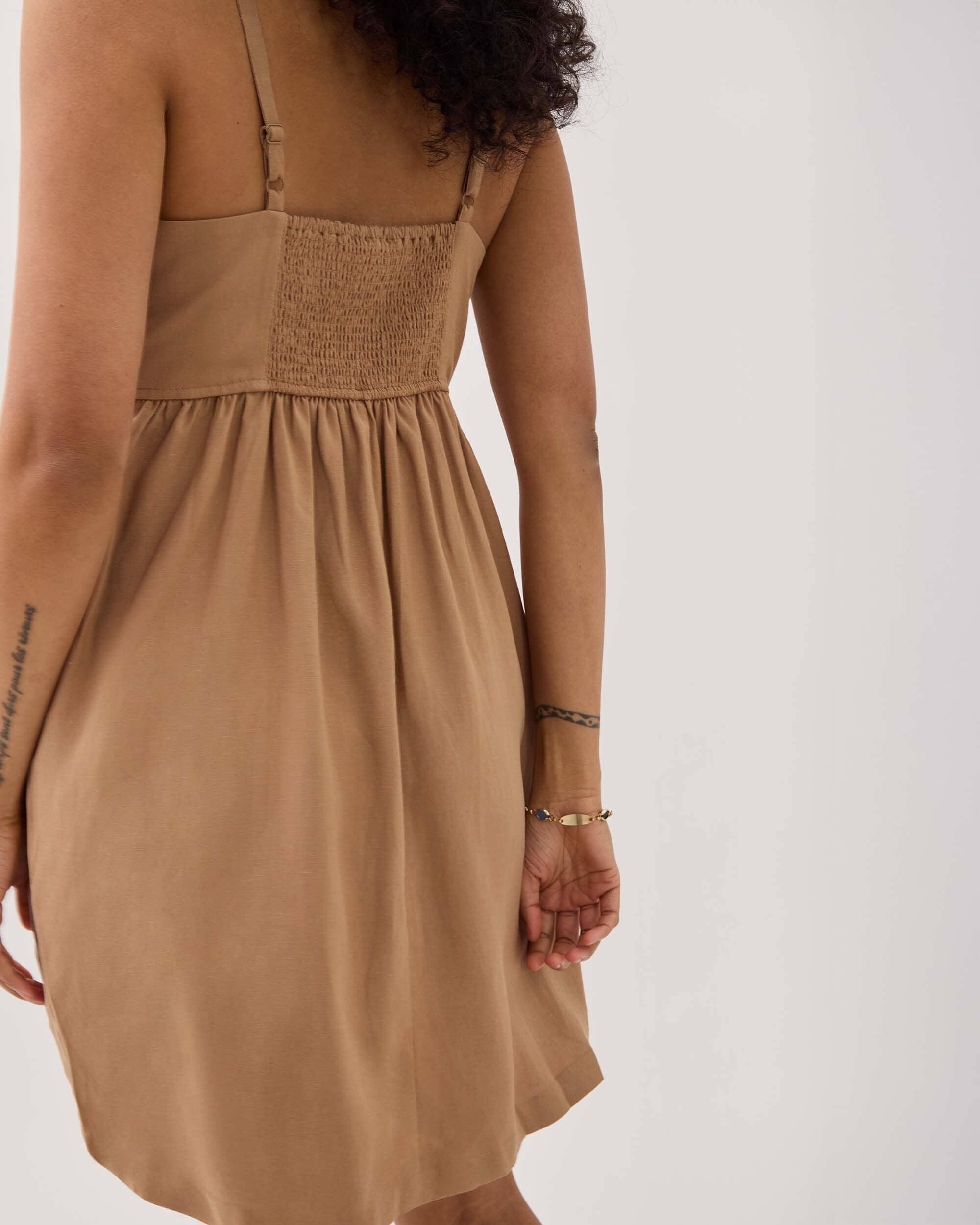 Womens Linen Mini Dress - Rayon Linen Woven - Cafe Au Lait - Image 5