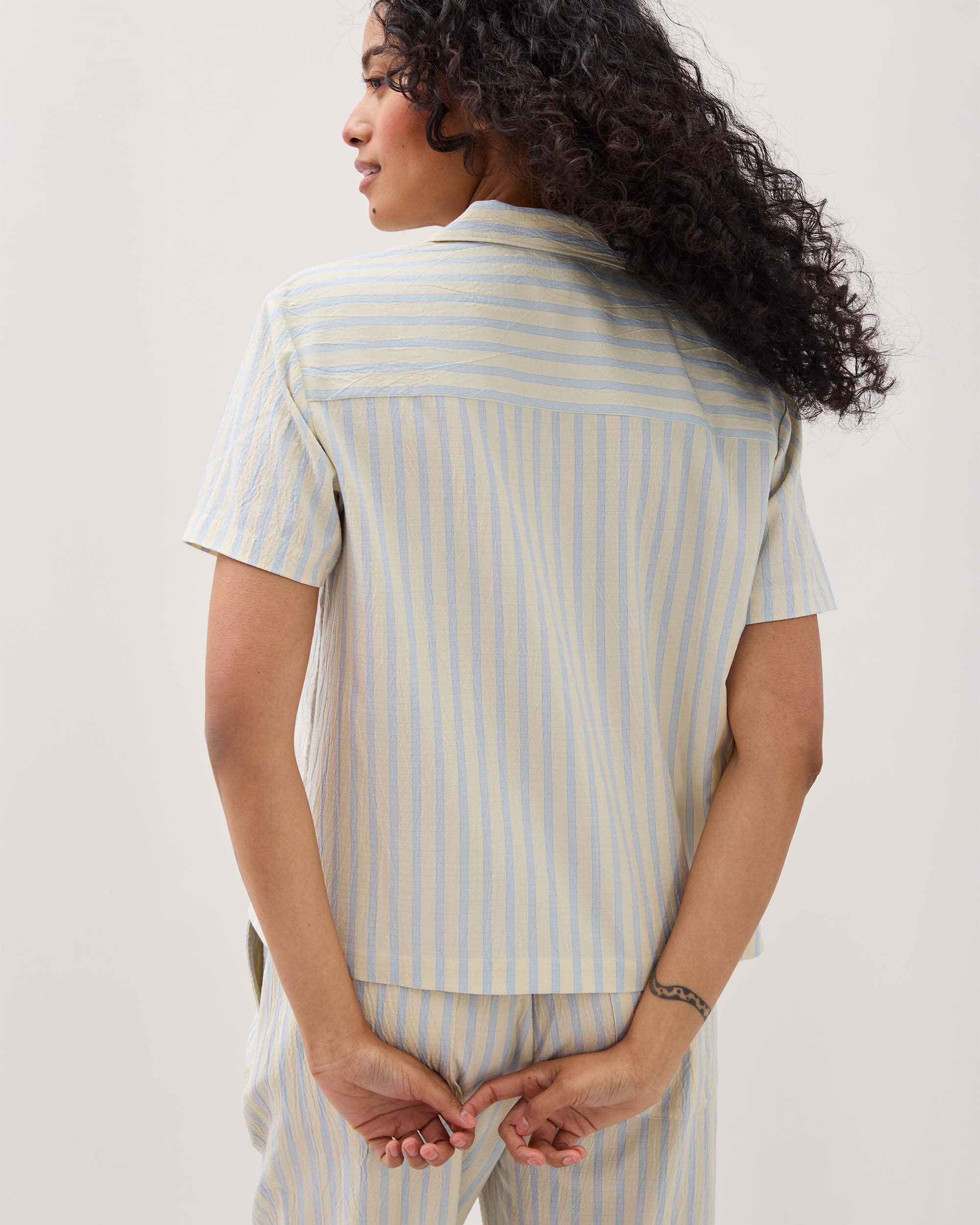 Womens Palermo Short Sleeve Camp Shirt - Poly Seer Sucker Stripe - Vanilla Blue Stripe - Image 5