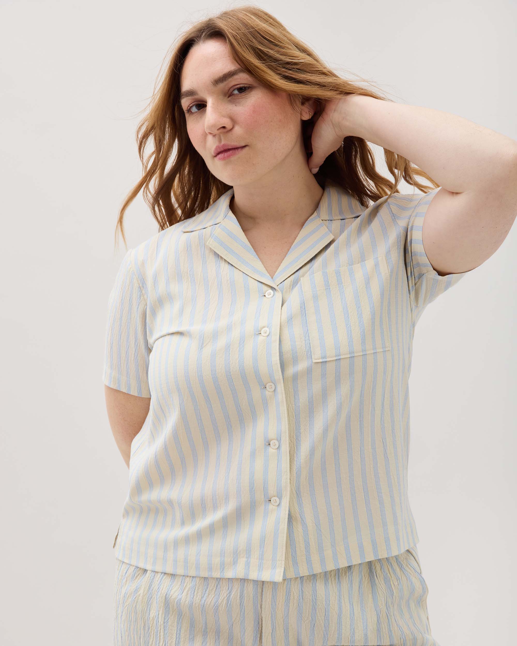 Womens Palermo Short Sleeve Camp Shirt - Poly Seer Sucker Stripe - Vanilla Blue Stripe - Image 6