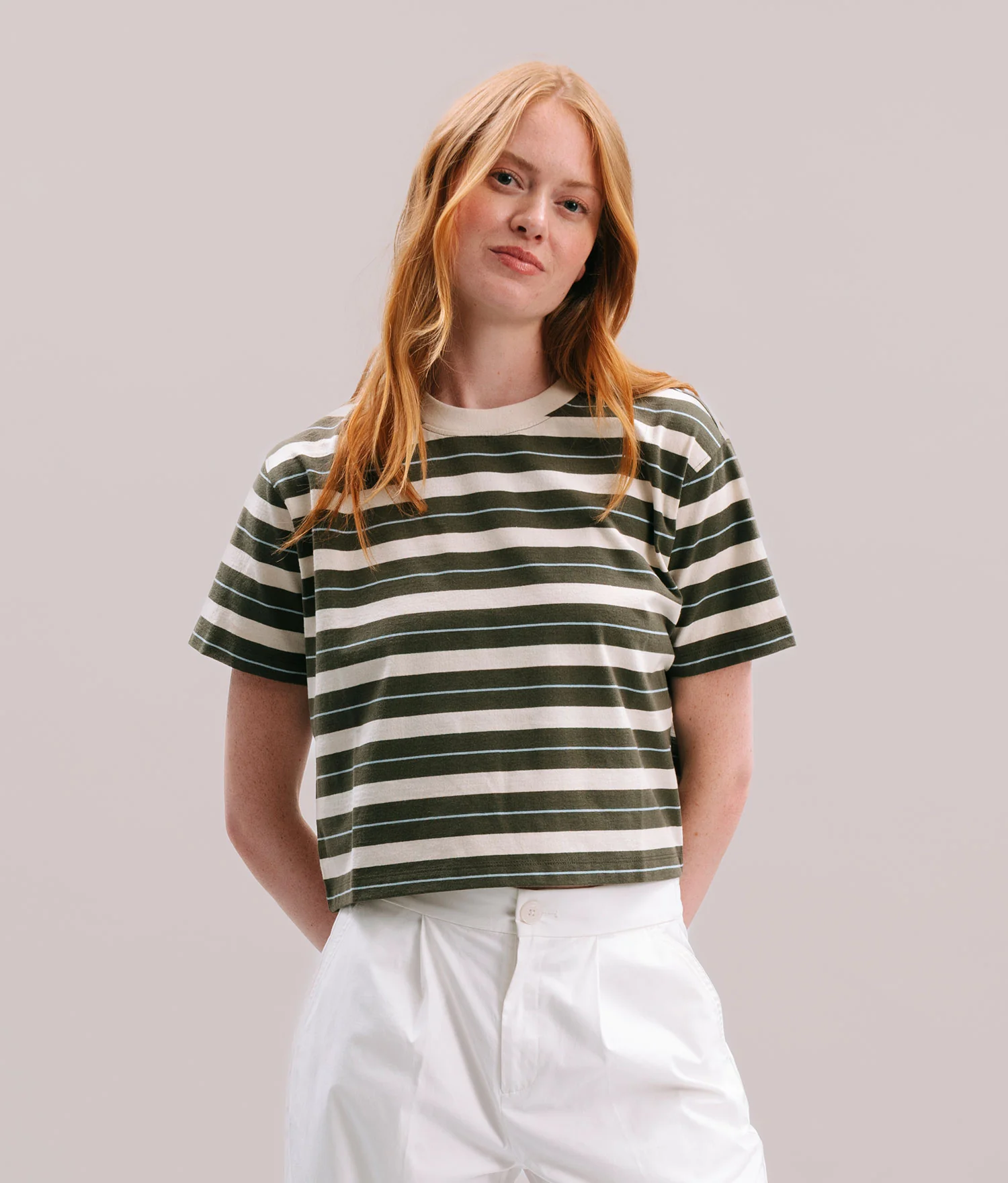 Womens Recycled Stripe Tee - Recycled Jersey - Surplus Green Stripe - Image 3