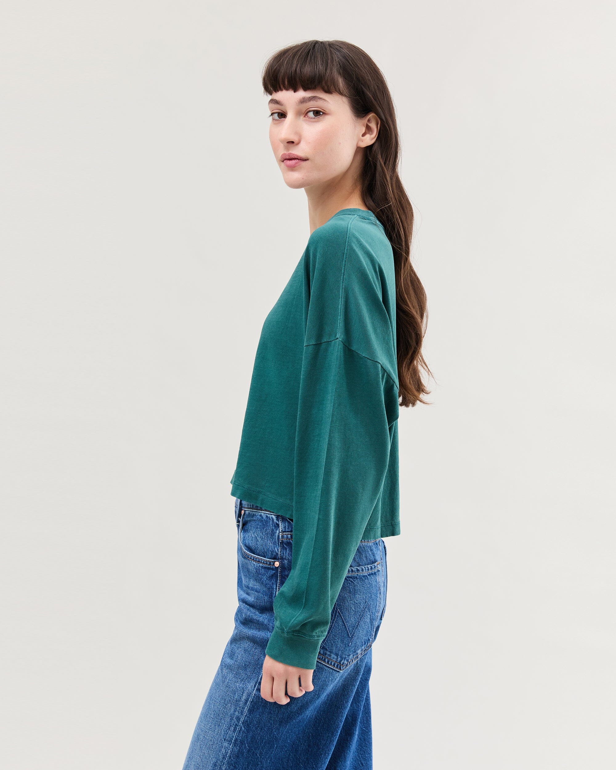 Womens Relaxed Crop Long Sleeve Tee - Pigment Dye Jersey - Rainforest - Image 3