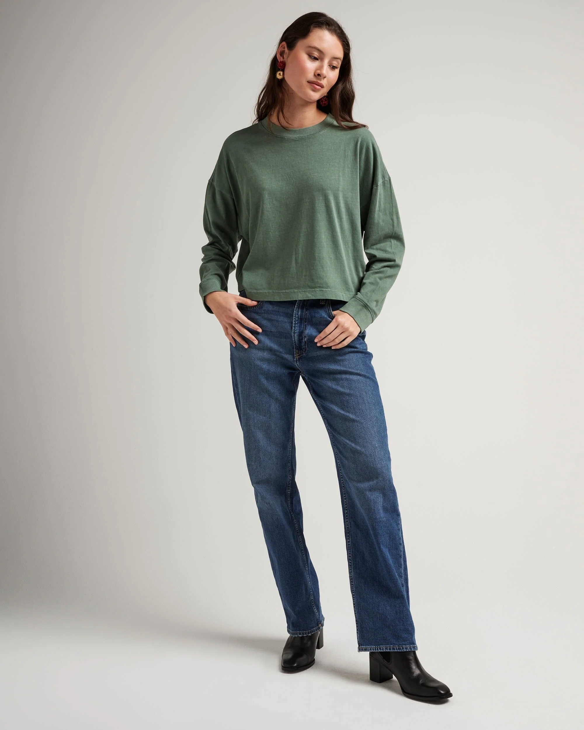 Womens Relaxed Crop Long Sleeve Tee - Pigment Dye Jersey - Sage Leaf - Image 2