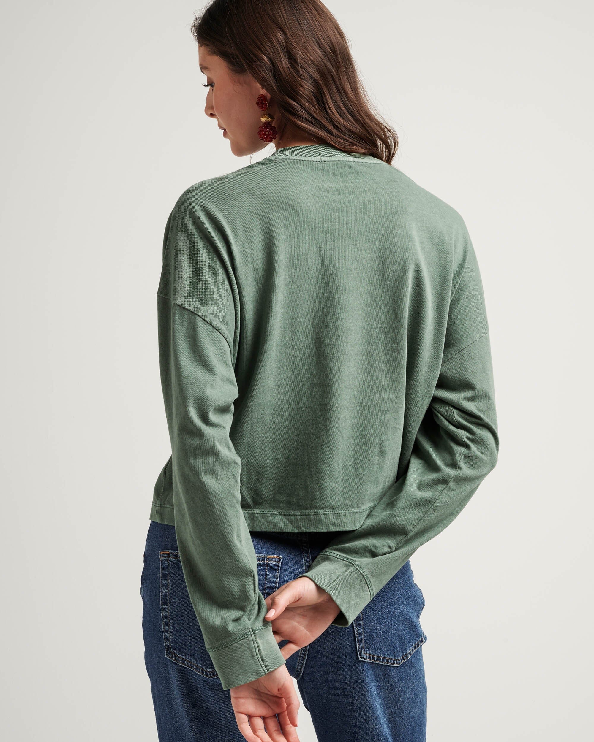 Womens Relaxed Crop Long Sleeve Tee - Pigment Dye Jersey - Sage Leaf - Image 3