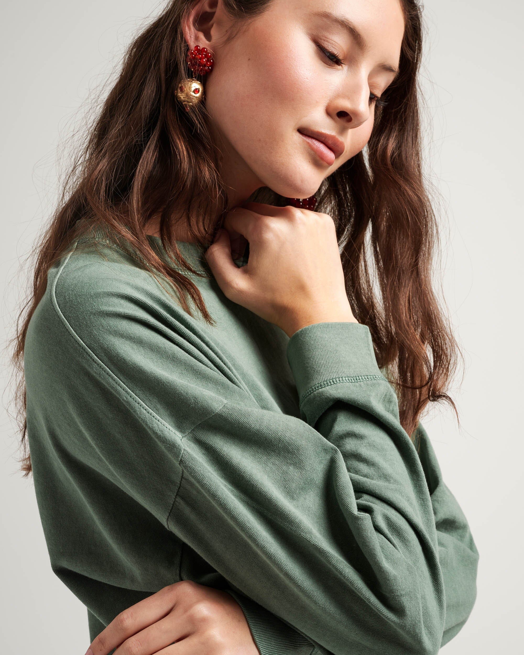 Womens Relaxed Crop Long Sleeve Tee - Pigment Dye Jersey - Sage Leaf - Image 4