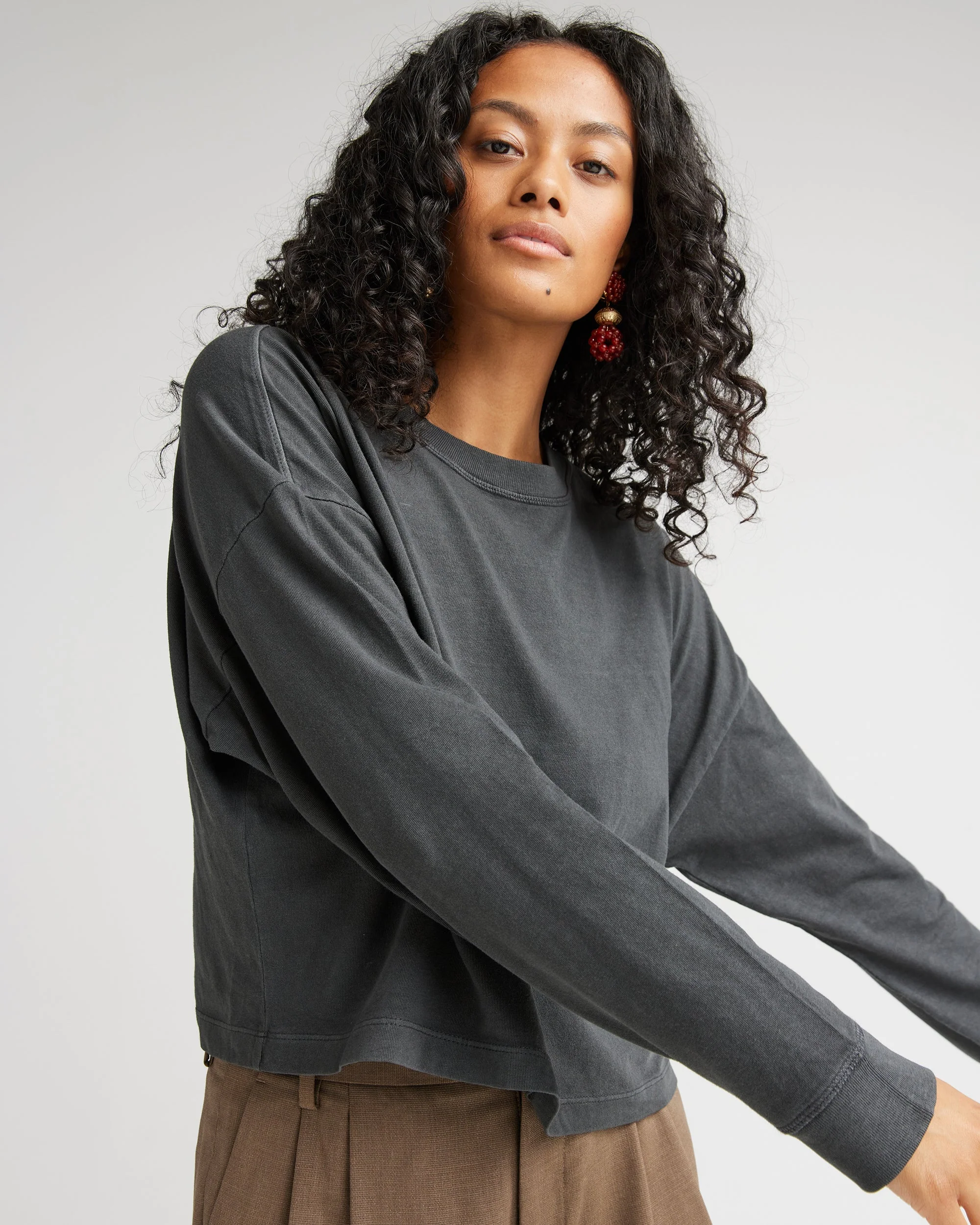 Womens Relaxed Crop Long Sleeve Tee - Pigment Dye Jersey - Stretch Limo