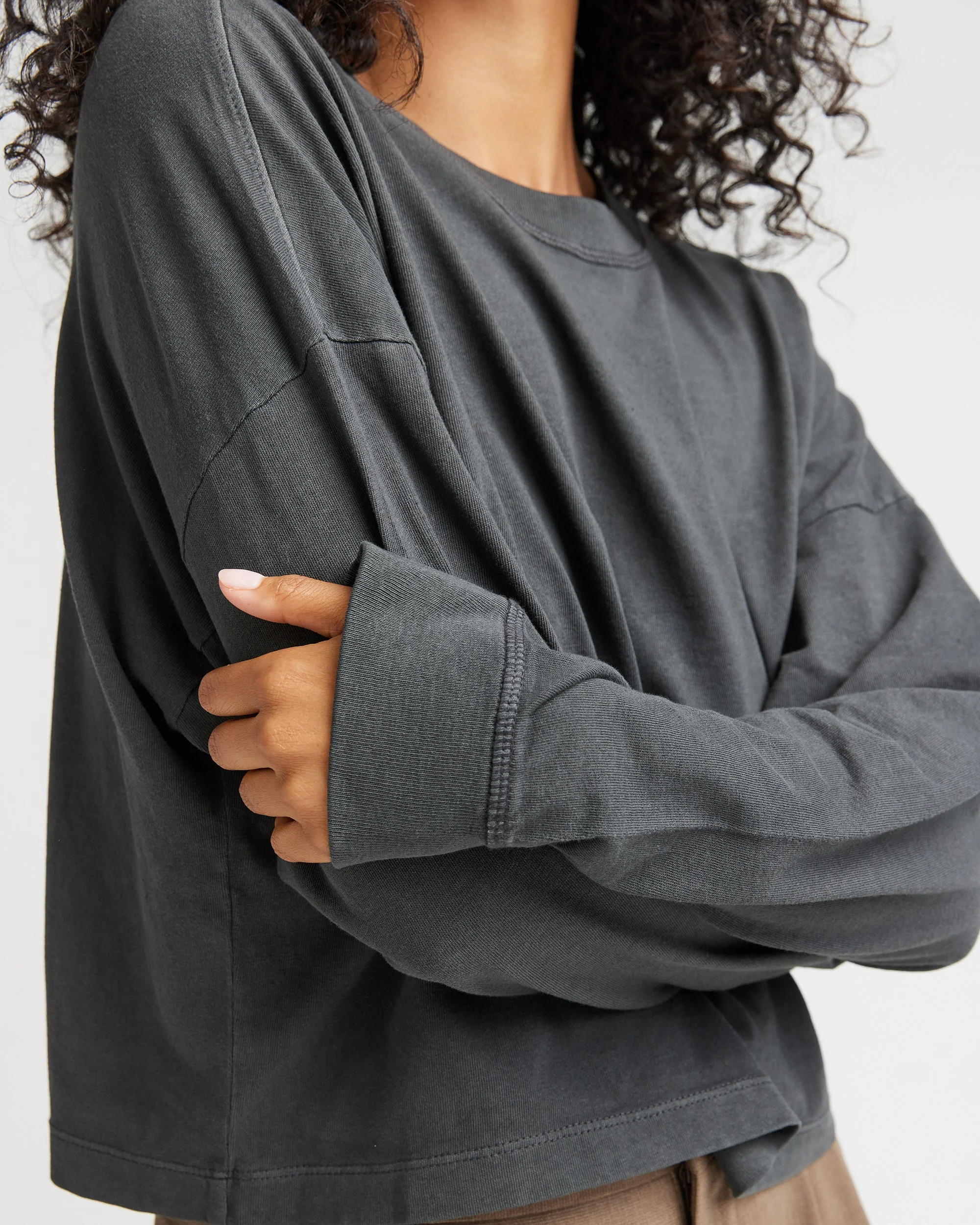 Womens Relaxed Crop Long Sleeve Tee - Pigment Dye Jersey - Stretch Limo - Image 3