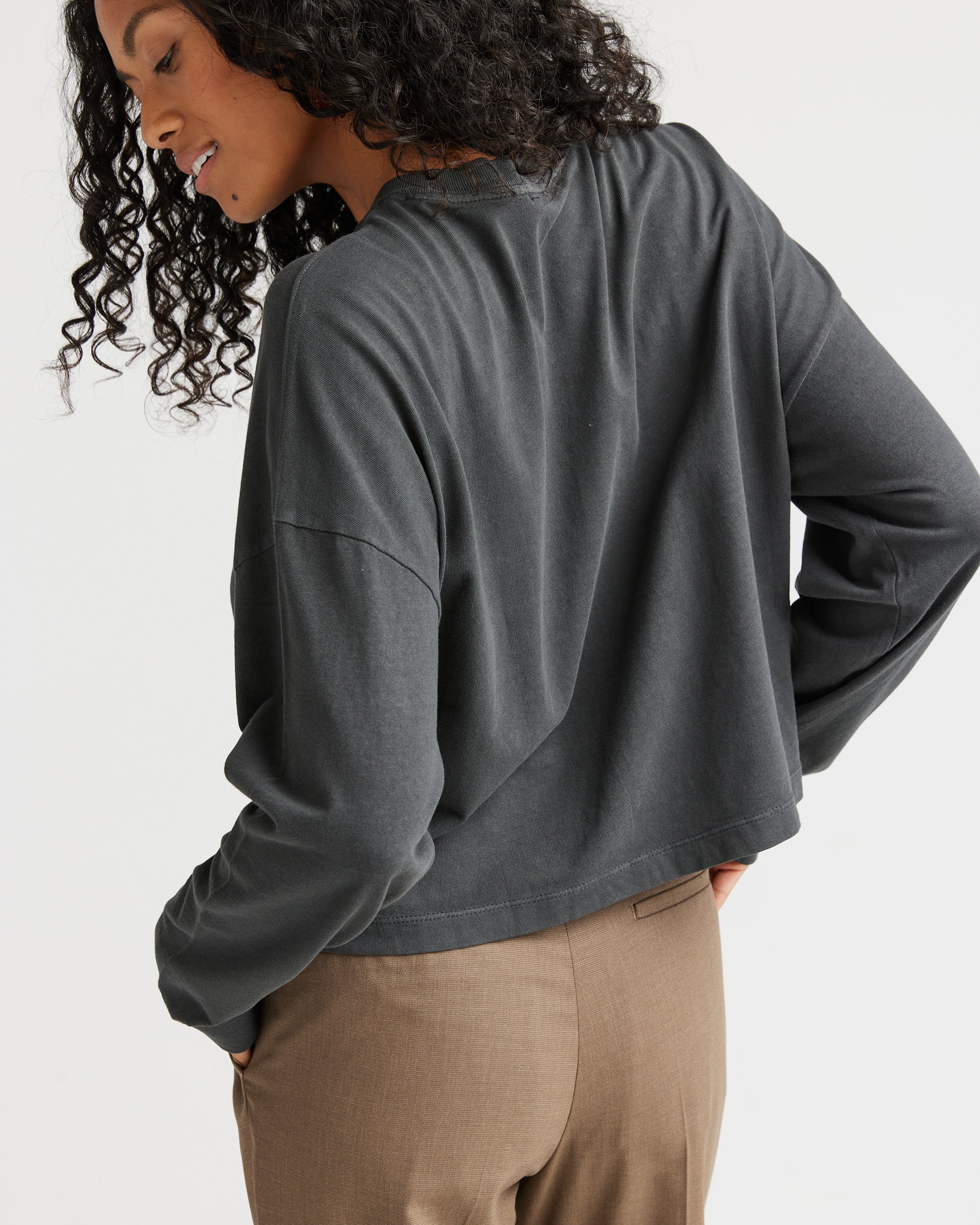 Womens Relaxed Crop Long Sleeve Tee - Pigment Dye Jersey - Stretch Limo - Image 5