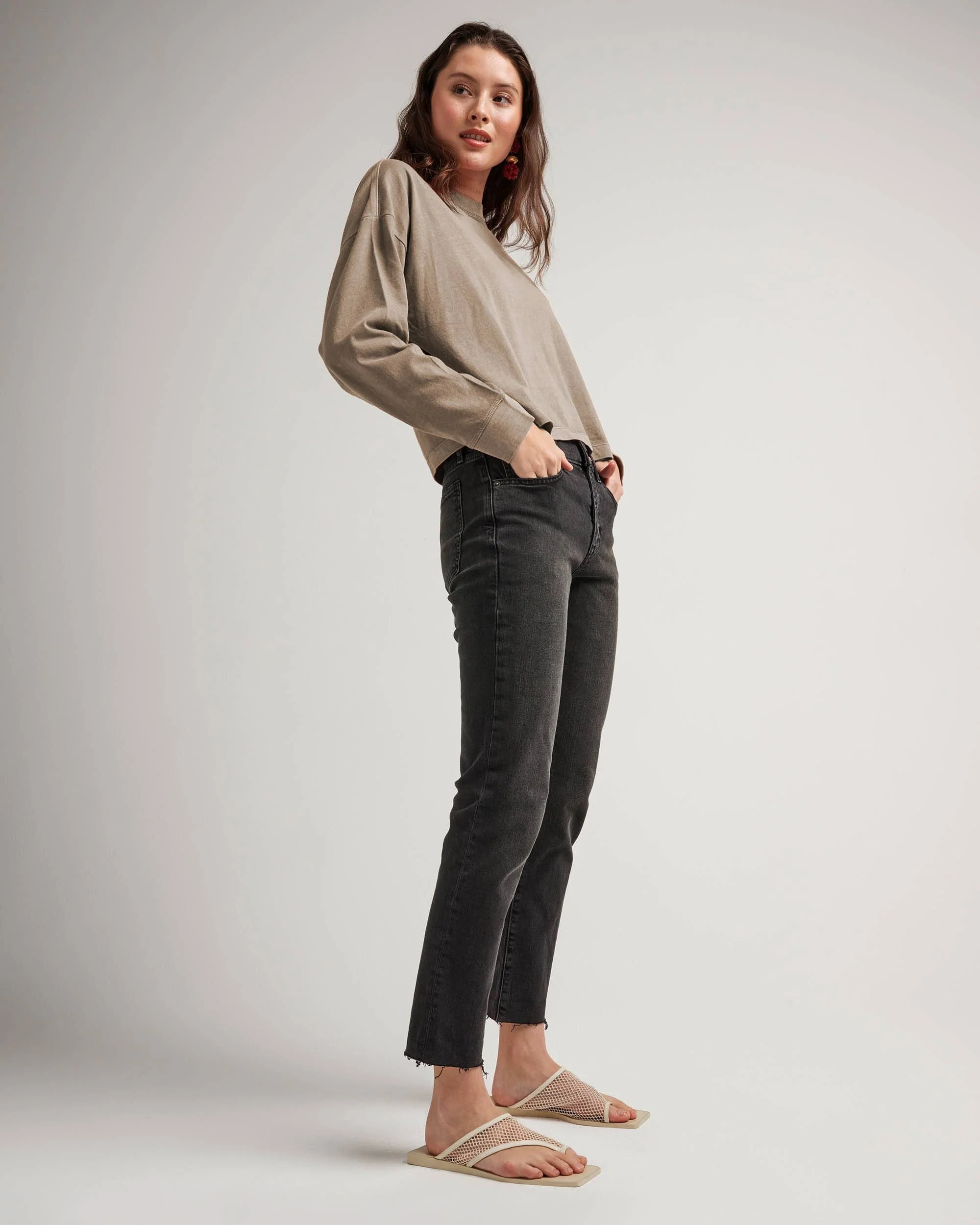 Womens Relaxed Crop Long Sleeve Tee - Pigment Dye Jersey - Warm Grey - Image 2