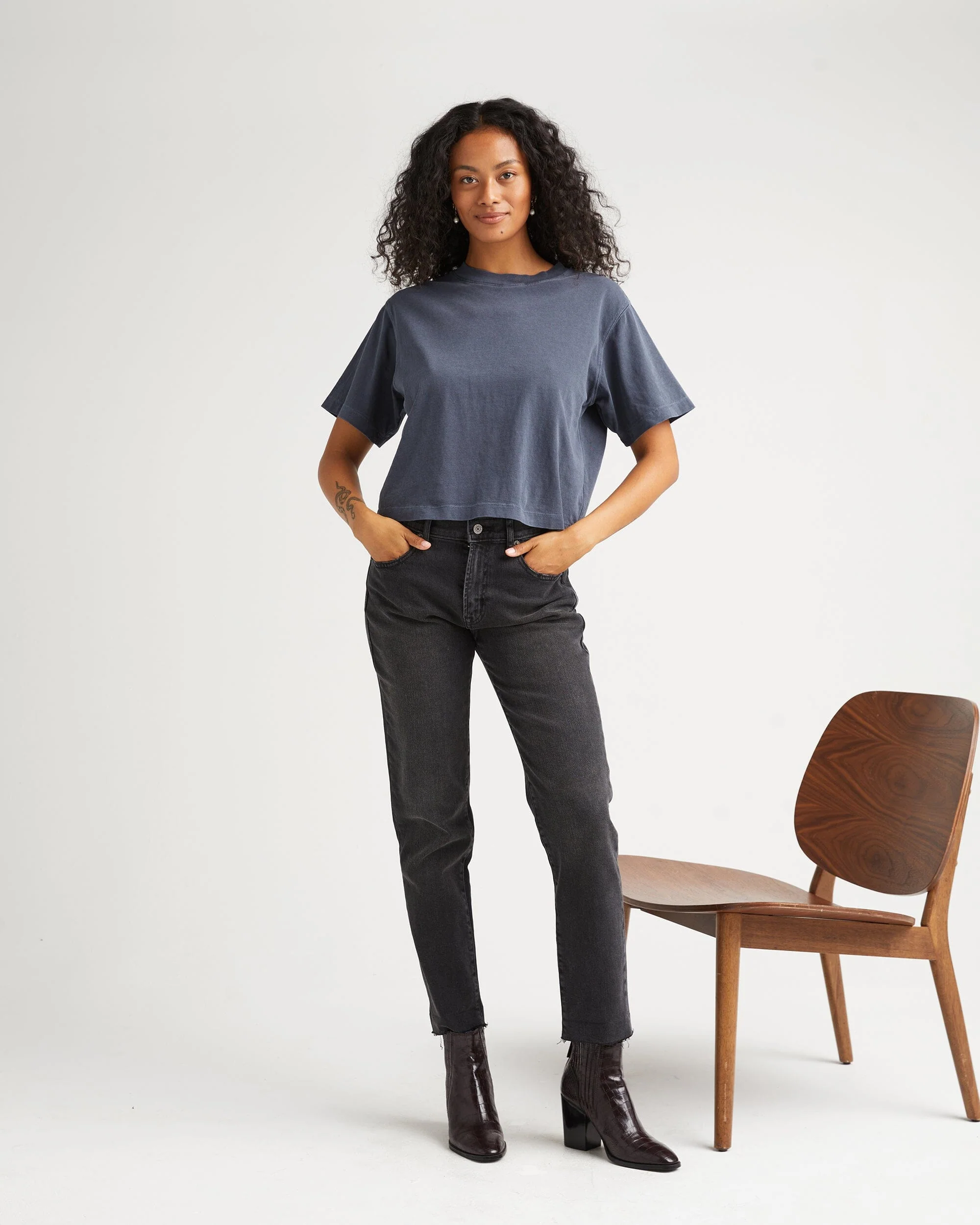 Womens Relaxed Crop Tee - Pigment Dye Jersey - Blue Steel - Image 3