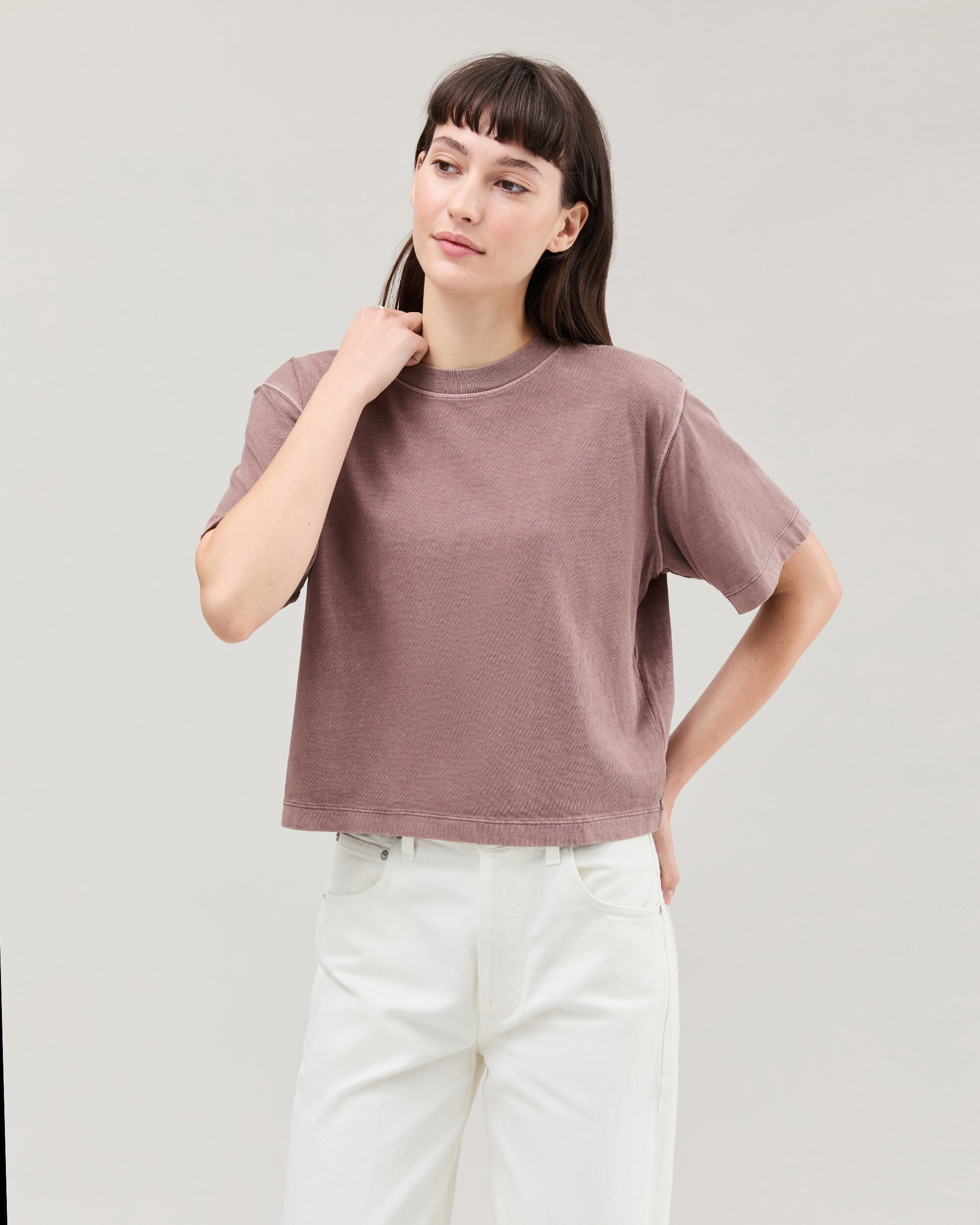 Womens Relaxed Crop Tee - Pigment Dye Jersey - Plum Smoke
