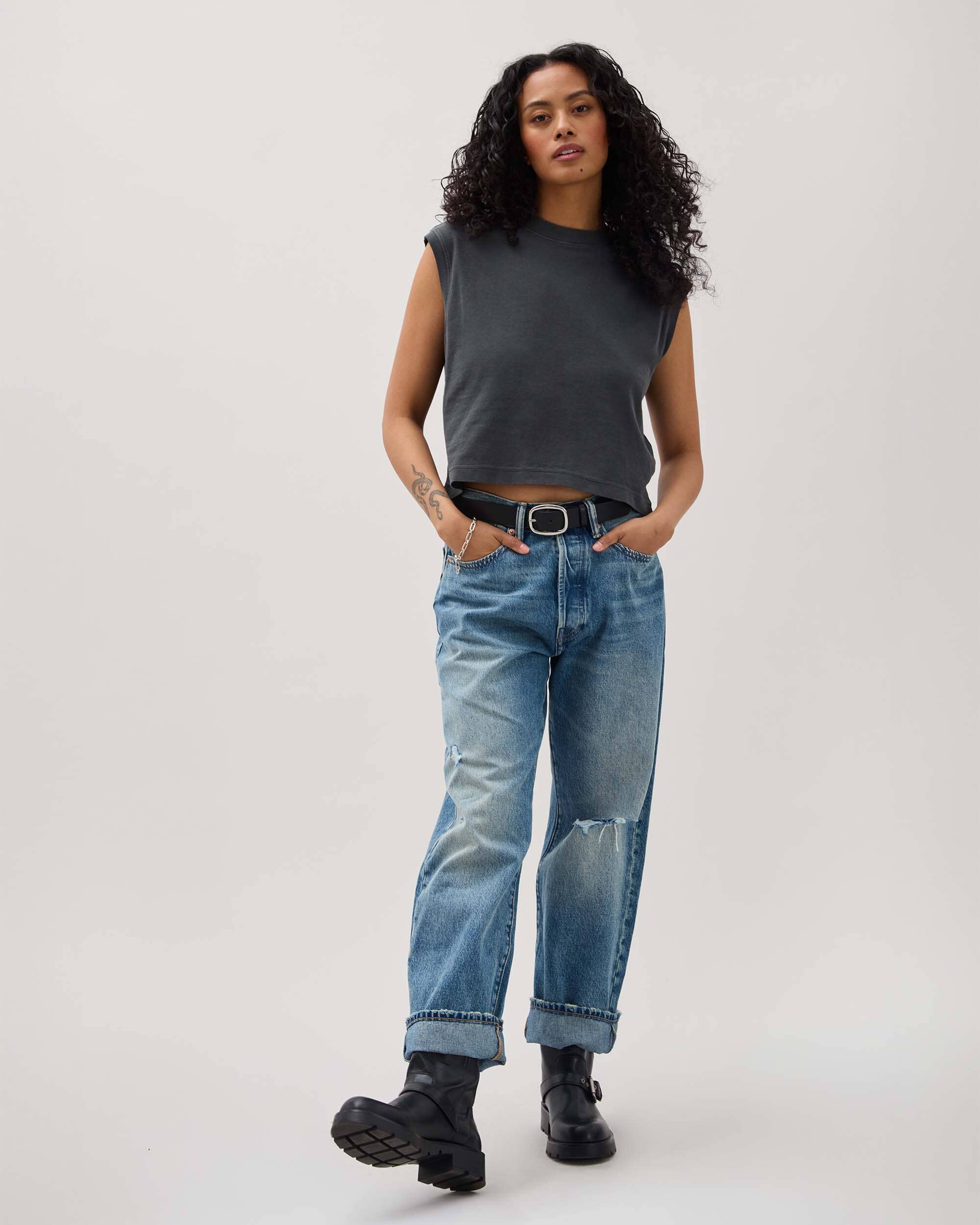 Womens Relaxed Muscle Tee - Pigment Dye Jersey - Stretch Limo - Image 3