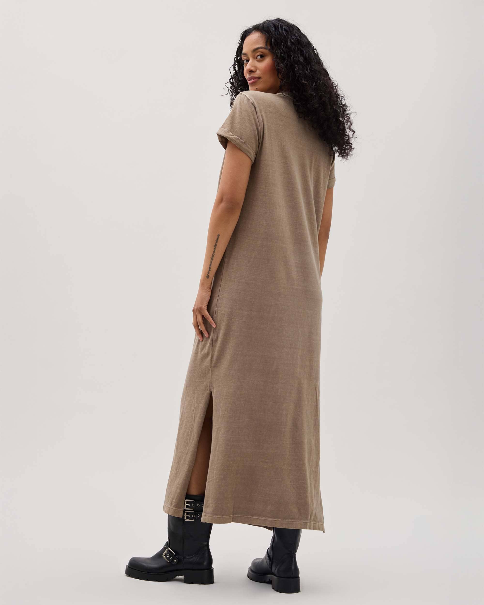 Womens Relaxed Tee Dress - Pigment Dye Jersey - Warm Grey - Image 3