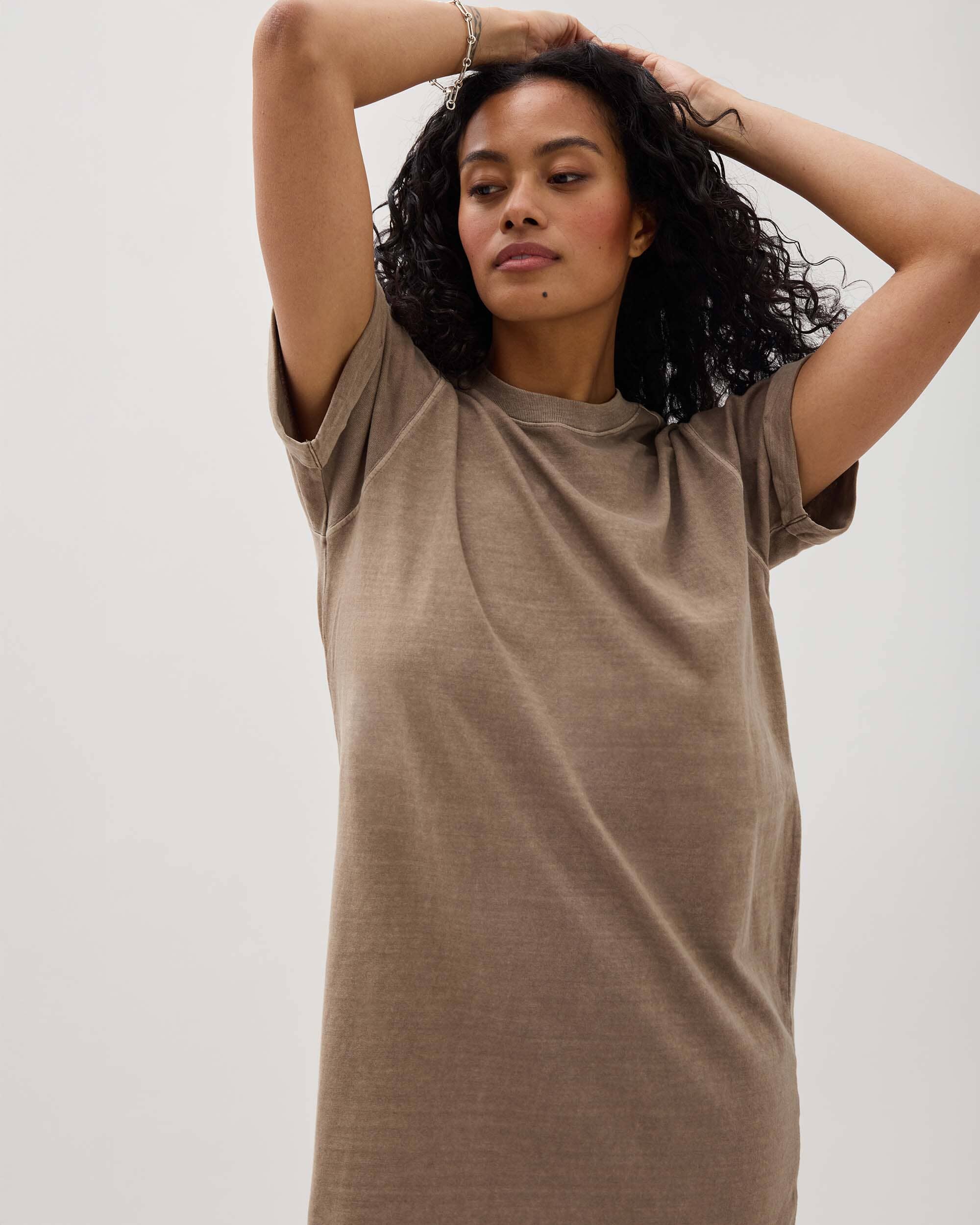 Womens Relaxed Tee Dress - Pigment Dye Jersey - Warm Grey - Image 4