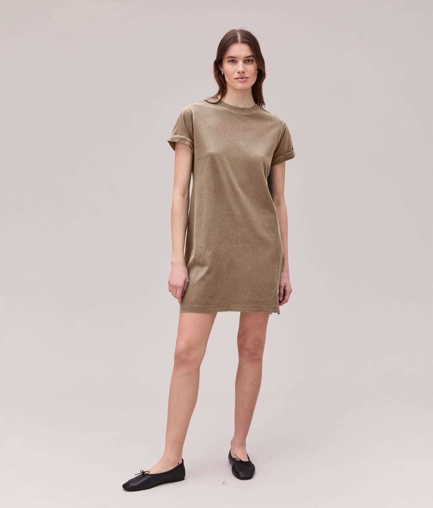 Womens Relaxed Tee Mini Dress - Pigment Dye Jersey - Warm Grey