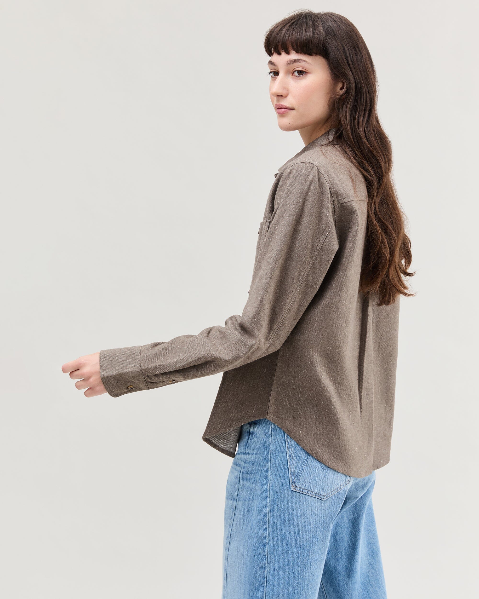Womens Roma Work Shirt - Cotton Linen Twill - Porcini - Image 3