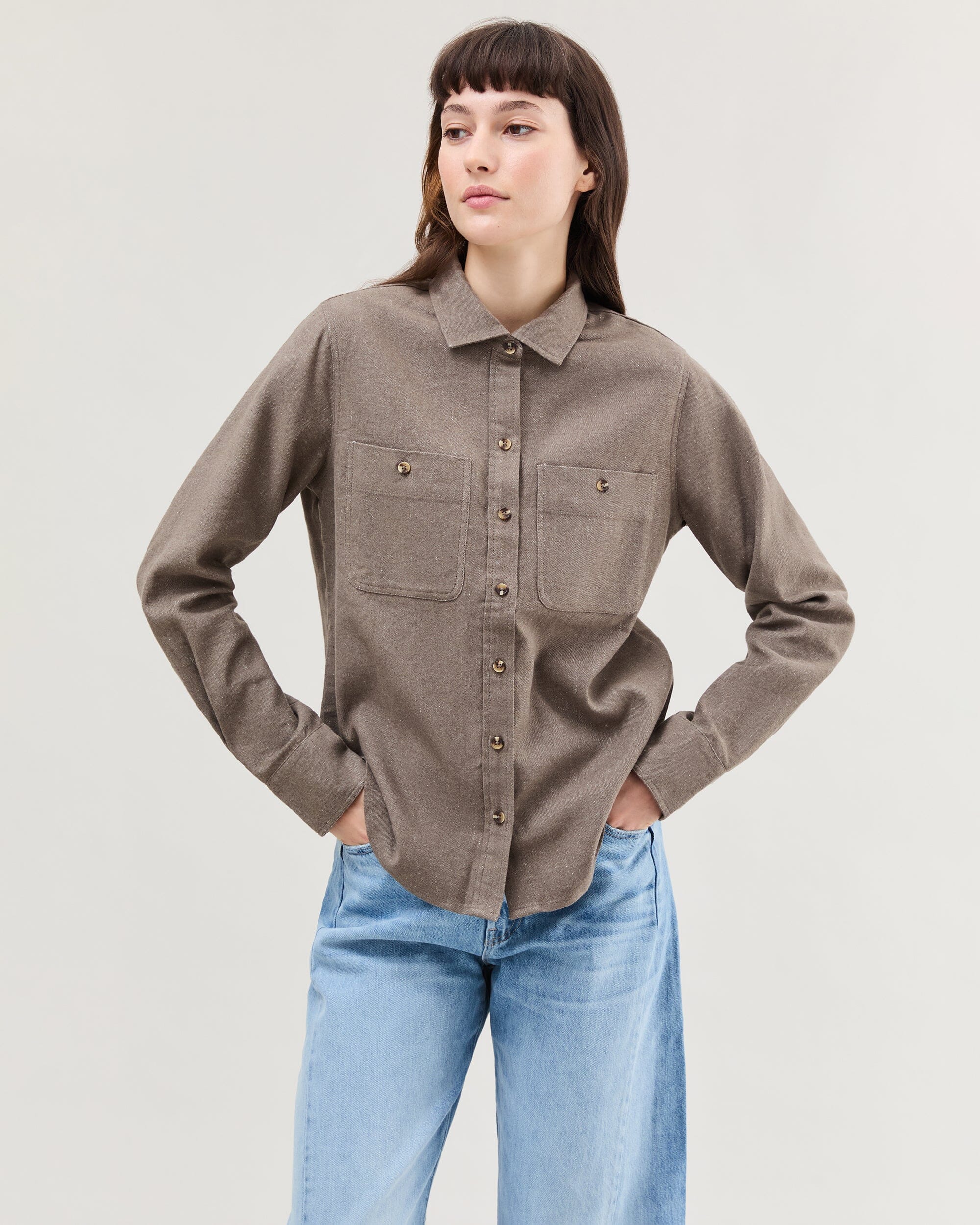 Womens Roma Work Shirt - Cotton Linen Twill - Porcini - Image 5