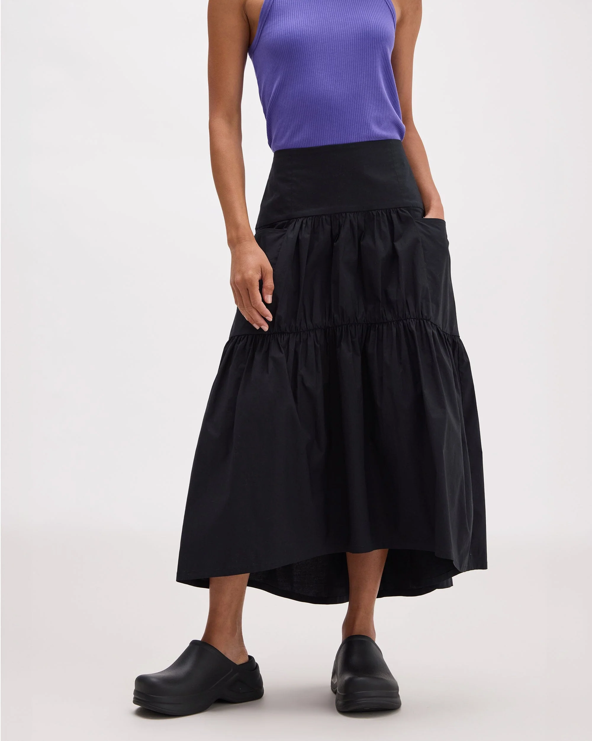 Womens Stevie Tiered Maxi Skirt - Cotton Poplin - Black
