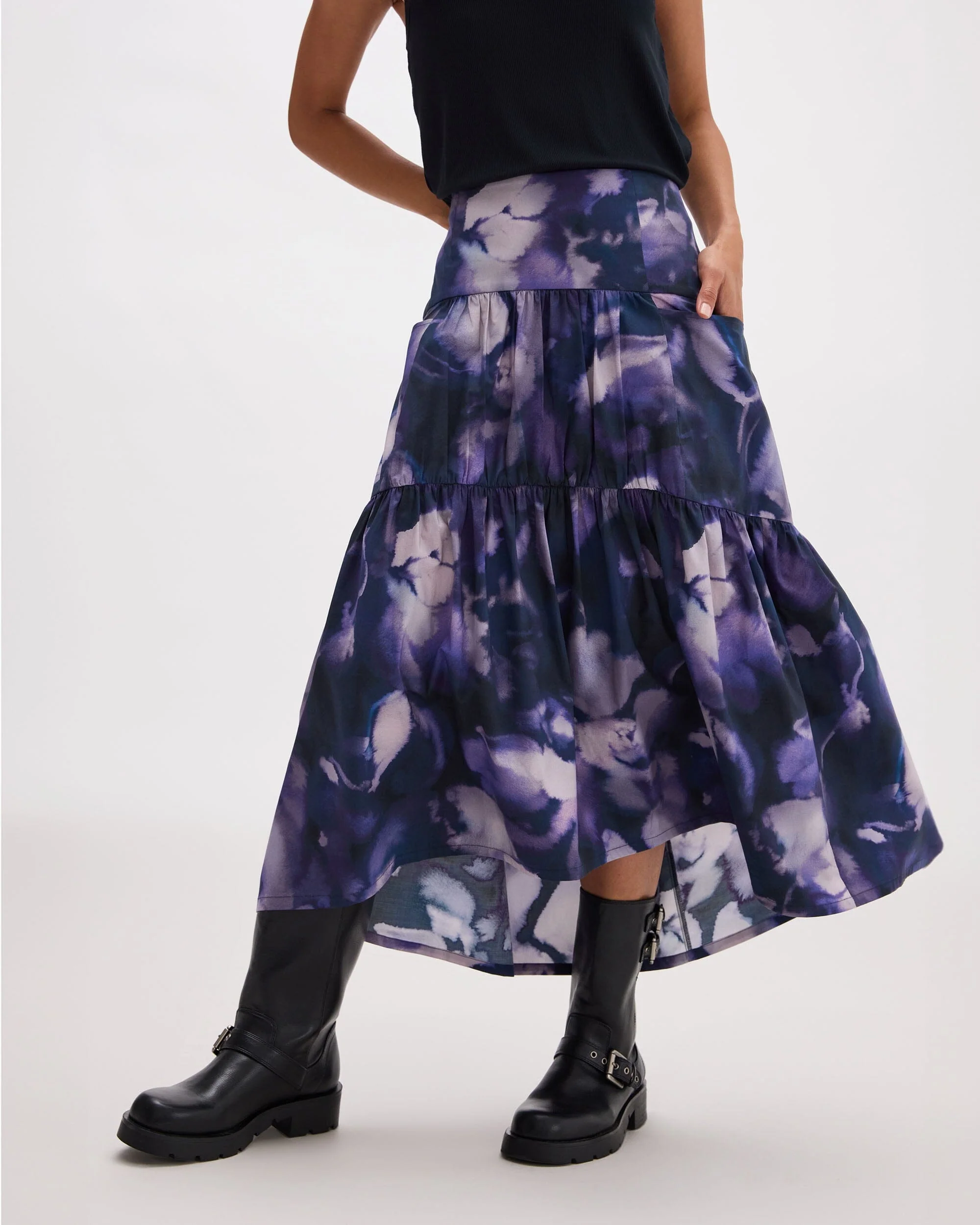 Womens Stevie Tiered Maxi Skirt - Cotton Poplin - Purple Ghost Floral