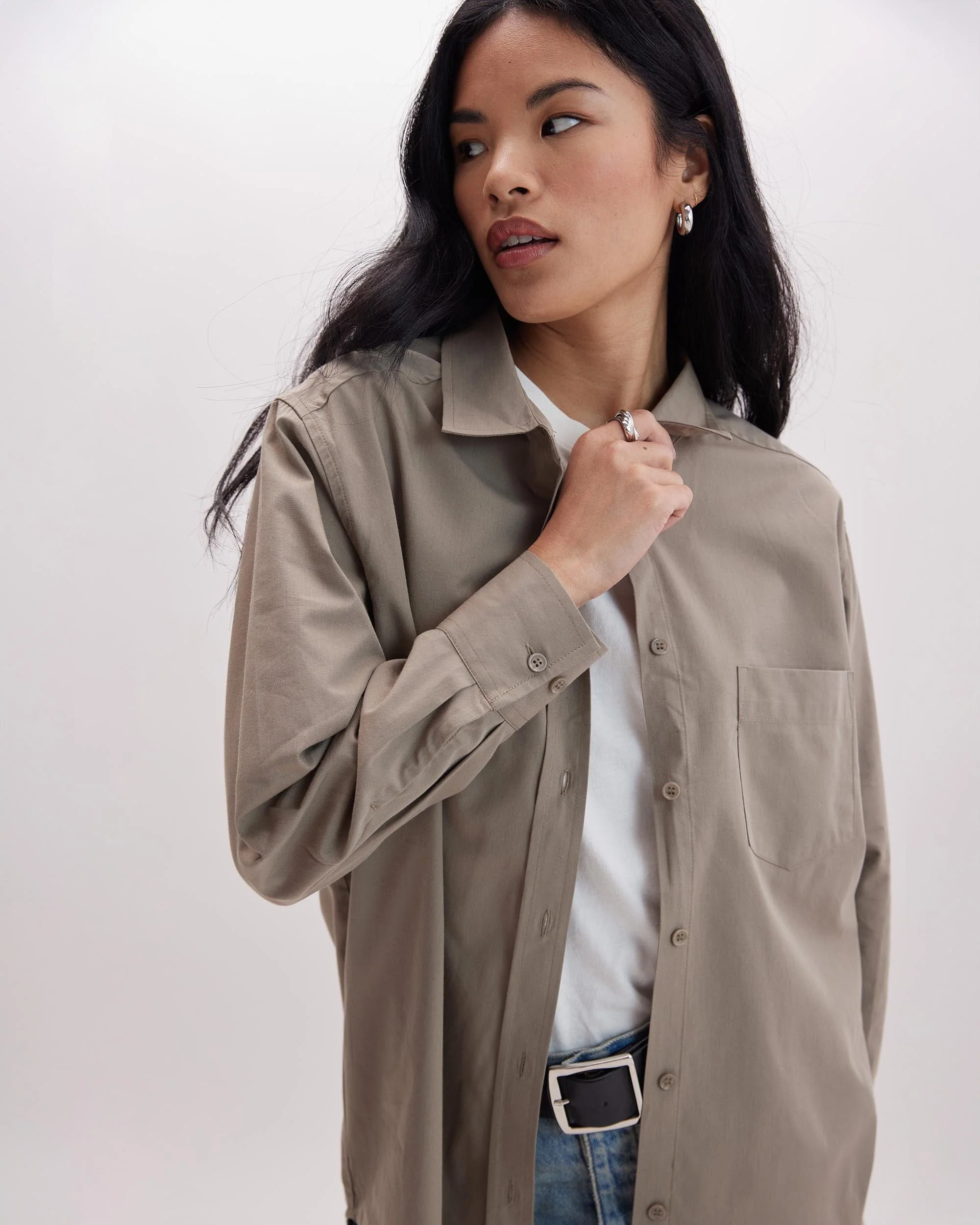 Womens Venice Button Up Shirt - Cotton Rayon Woven - Warm Grey - Image 2