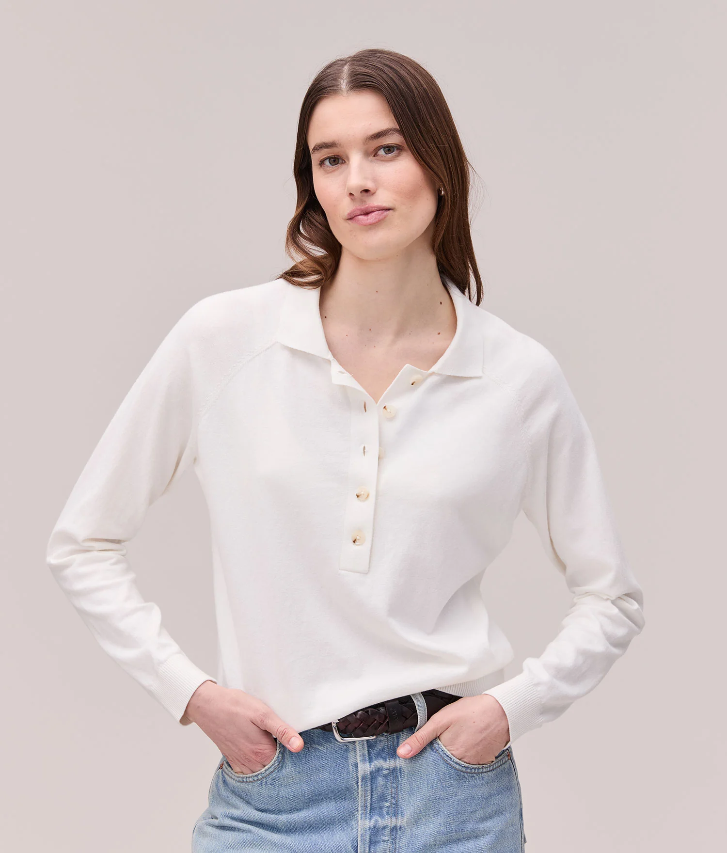 Womens Washable Cotton Silk Henley - Cotton Sweater Knit - Coconut Milk
