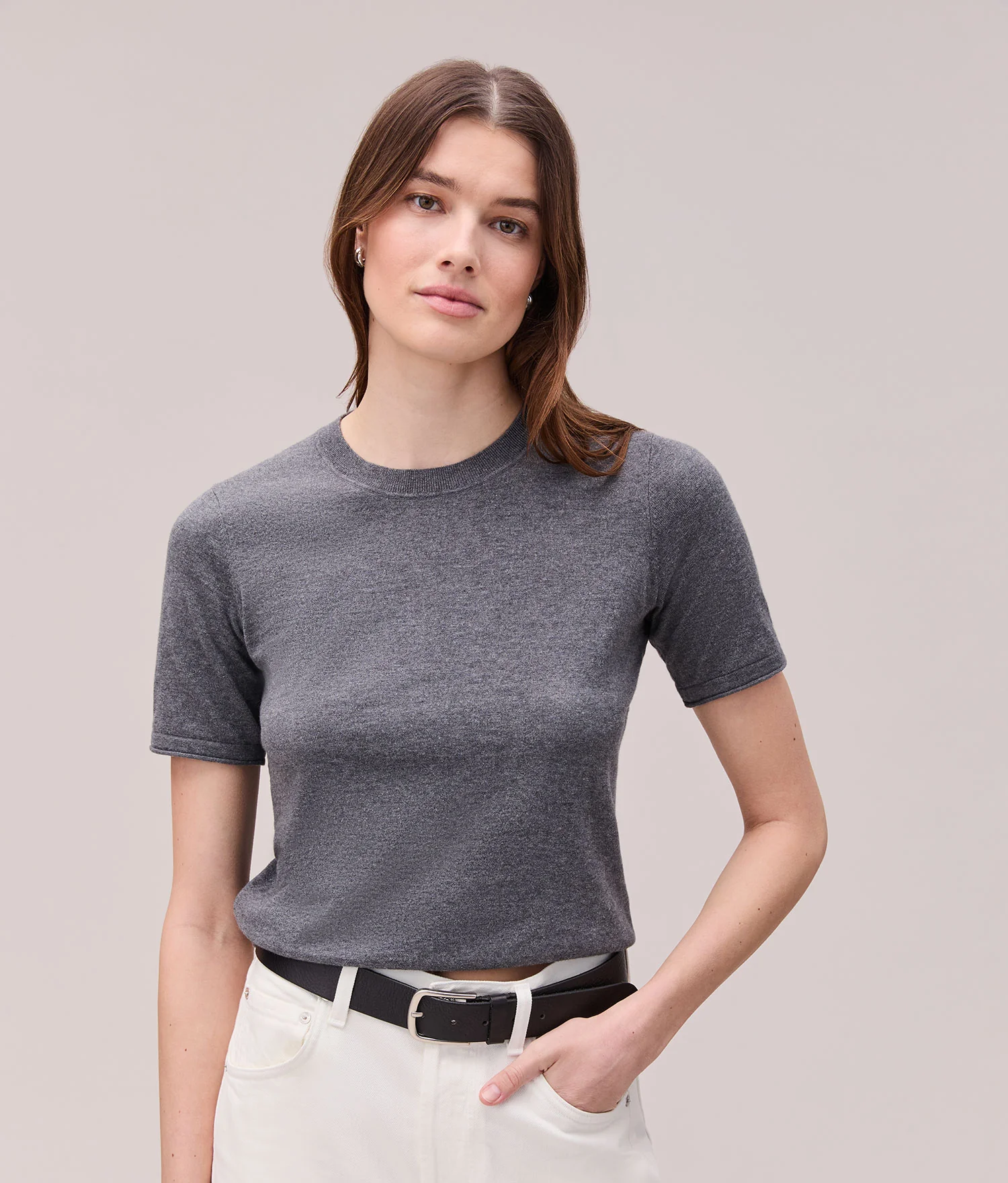 Womens Washable Cotton Silk Tee - Cotton Sweater Knit - Charcoal Heather Grey