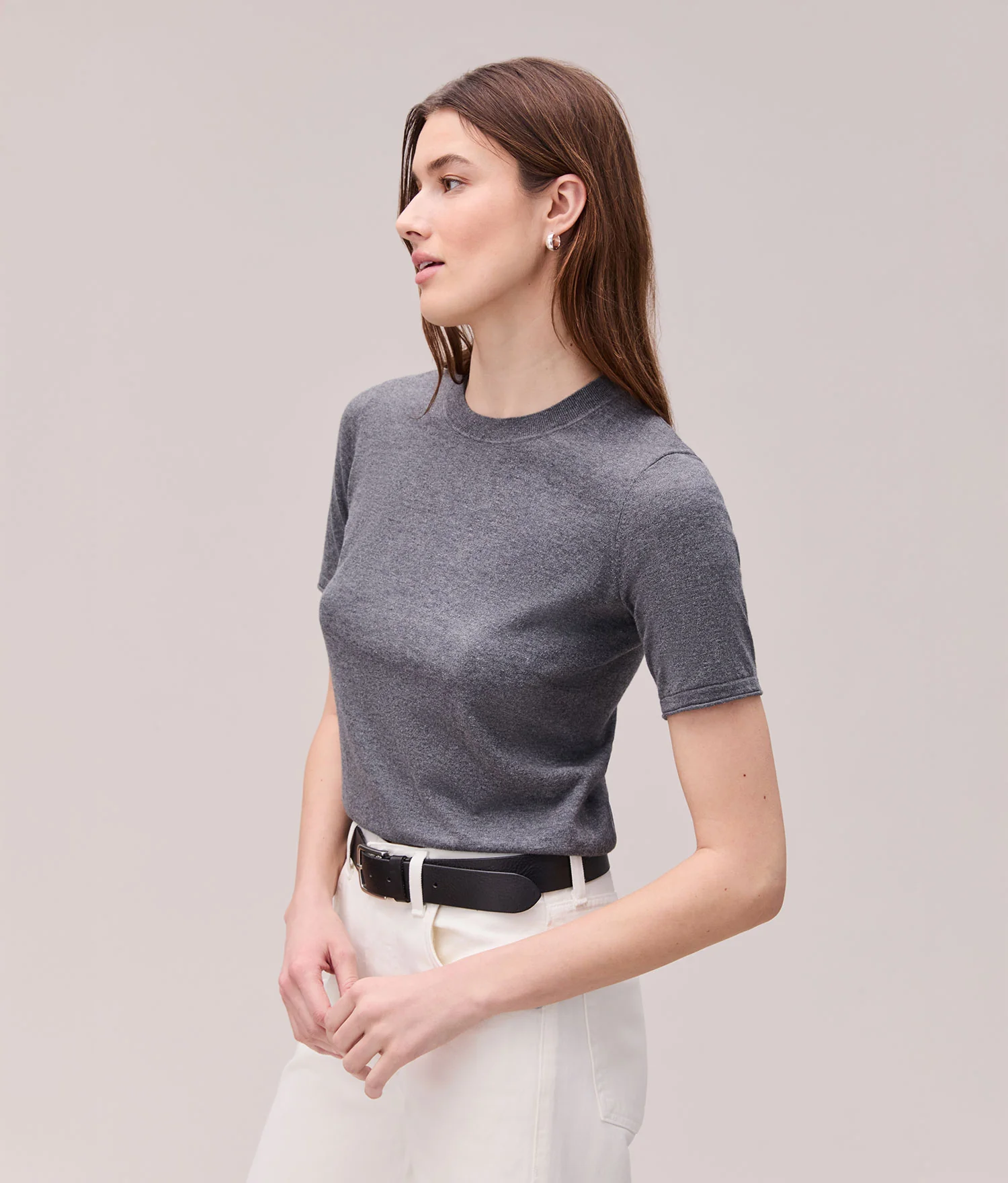 Womens Washable Cotton Silk Tee - Cotton Sweater Knit - Charcoal Heather Grey - Image 4